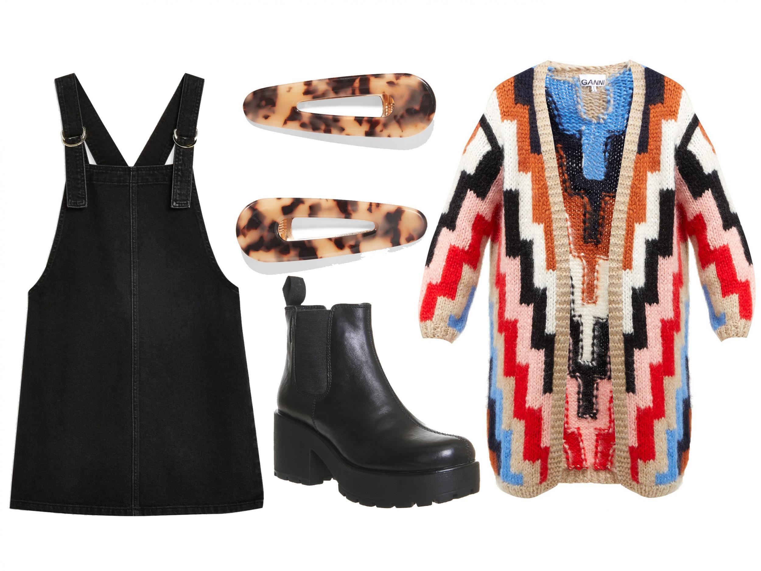 Topshop denim pinafore dress: £36, Valet set of two Kelly tortoiseshell resin hair clips, £45, Vagabond Dioon boots: £89.99, Ganni Julliard mohair and wool-blend cardigan: £970.