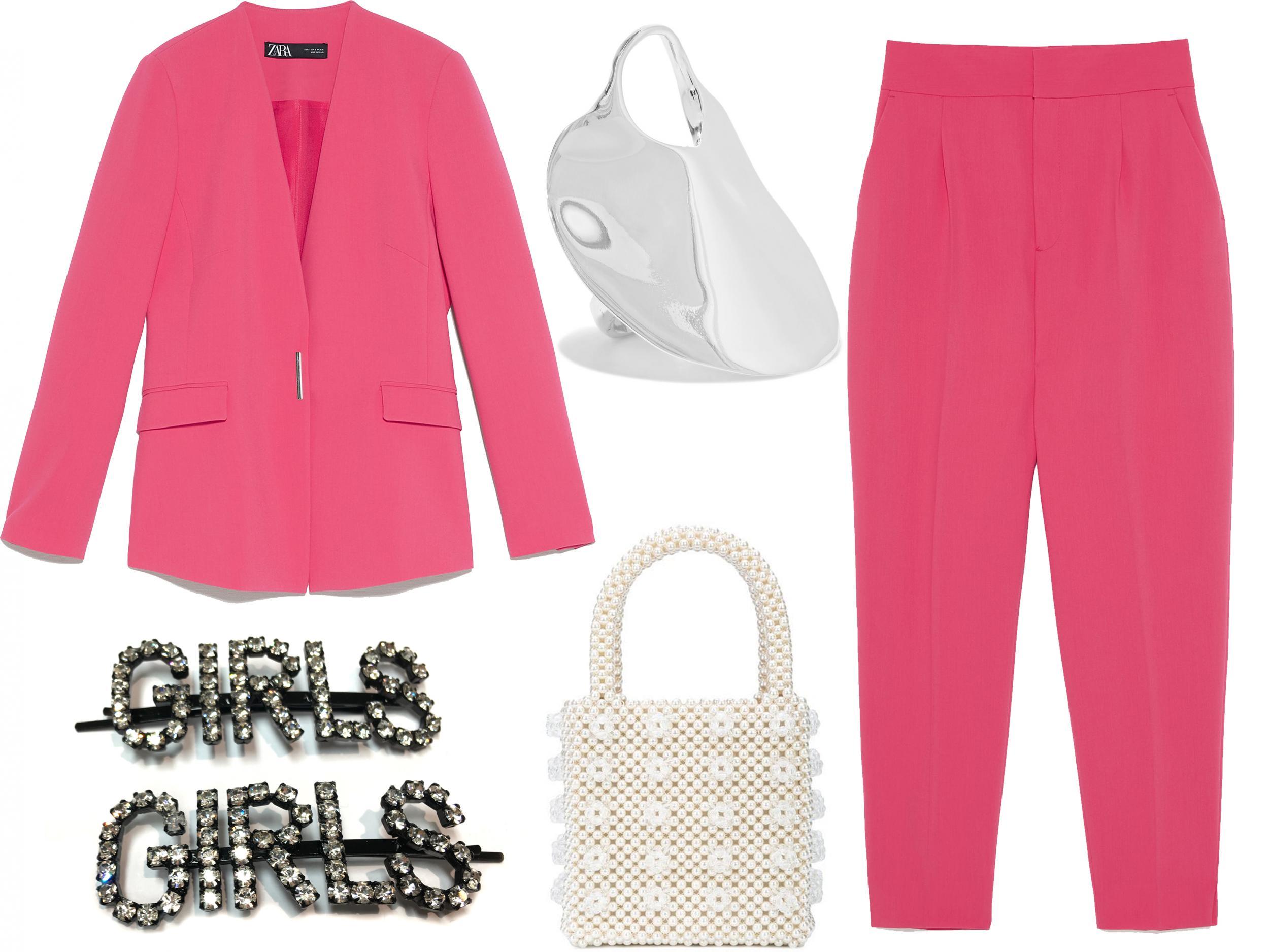 Zara blazer with pockets:£49.99, Ashley Williams GIRLS hair pins: £60, Ariana Boussard-Reifel Phyta silver ring: £330, Shrimps all-over beaded bad: £450, Zara skinny trousers: £25.99.