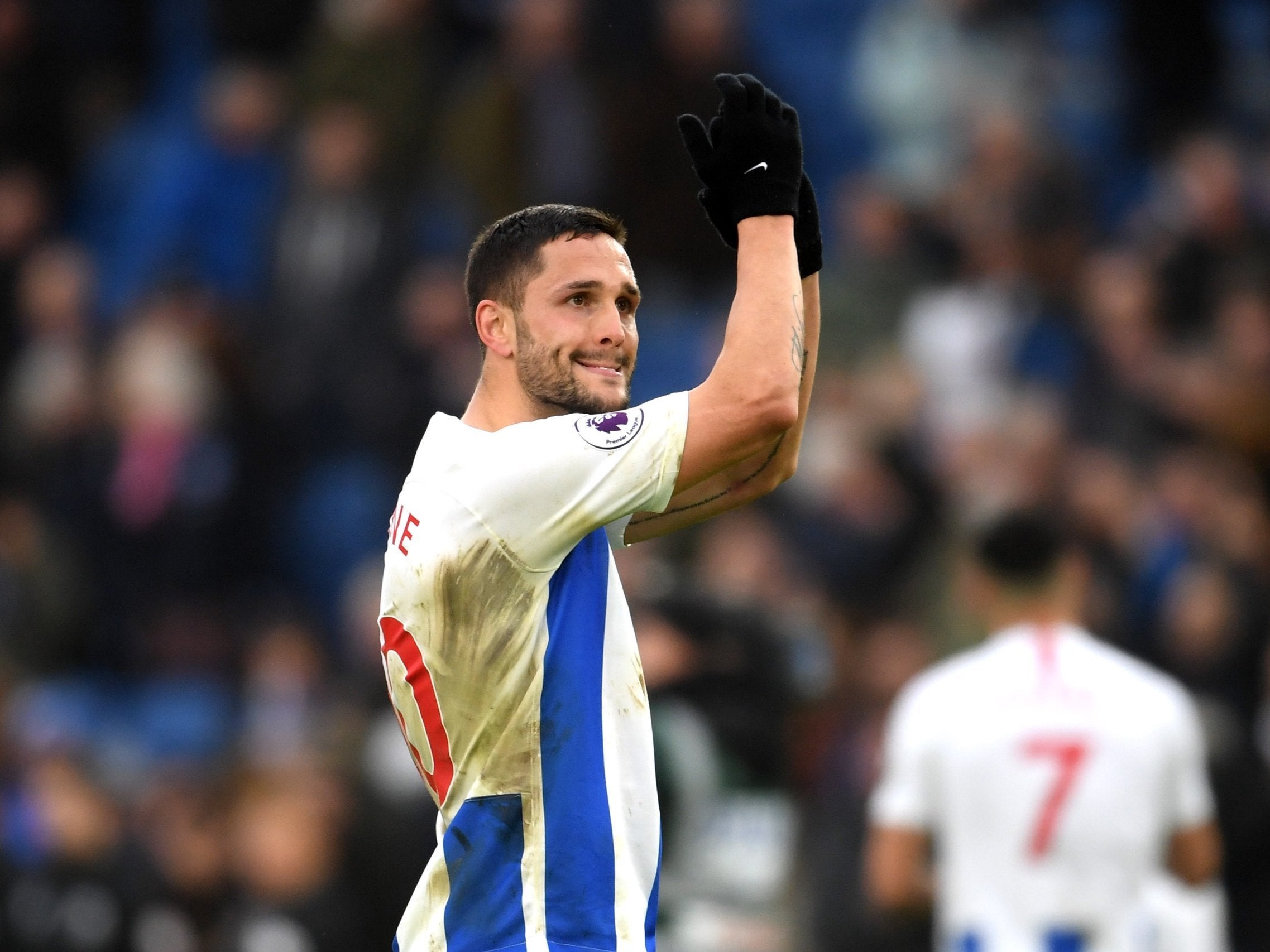 Florin Andone celebrates Brighton's 1-0 victory over Huddersfield Town