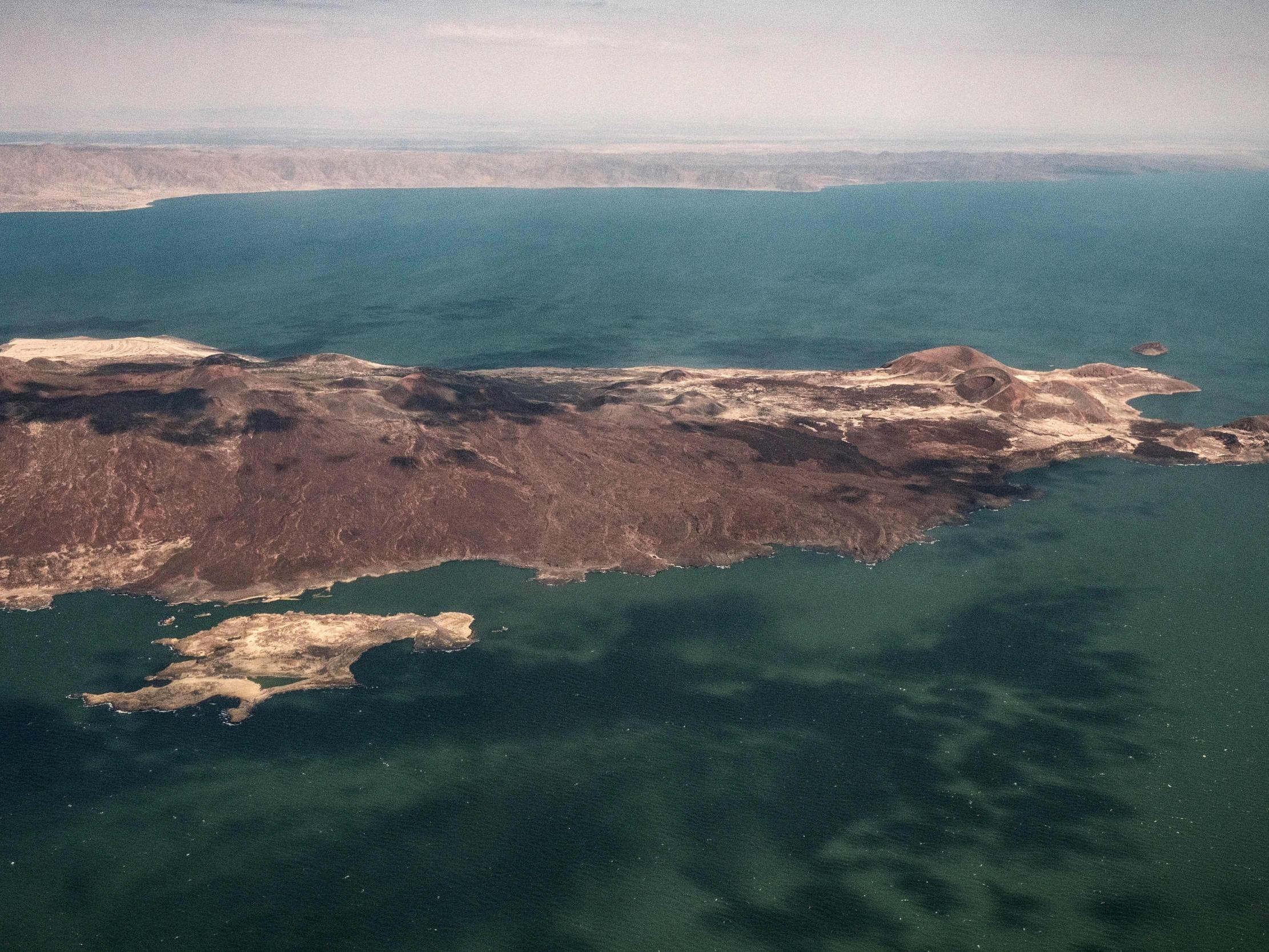 An aerial image shows a part of Lake Turkana, Kenya