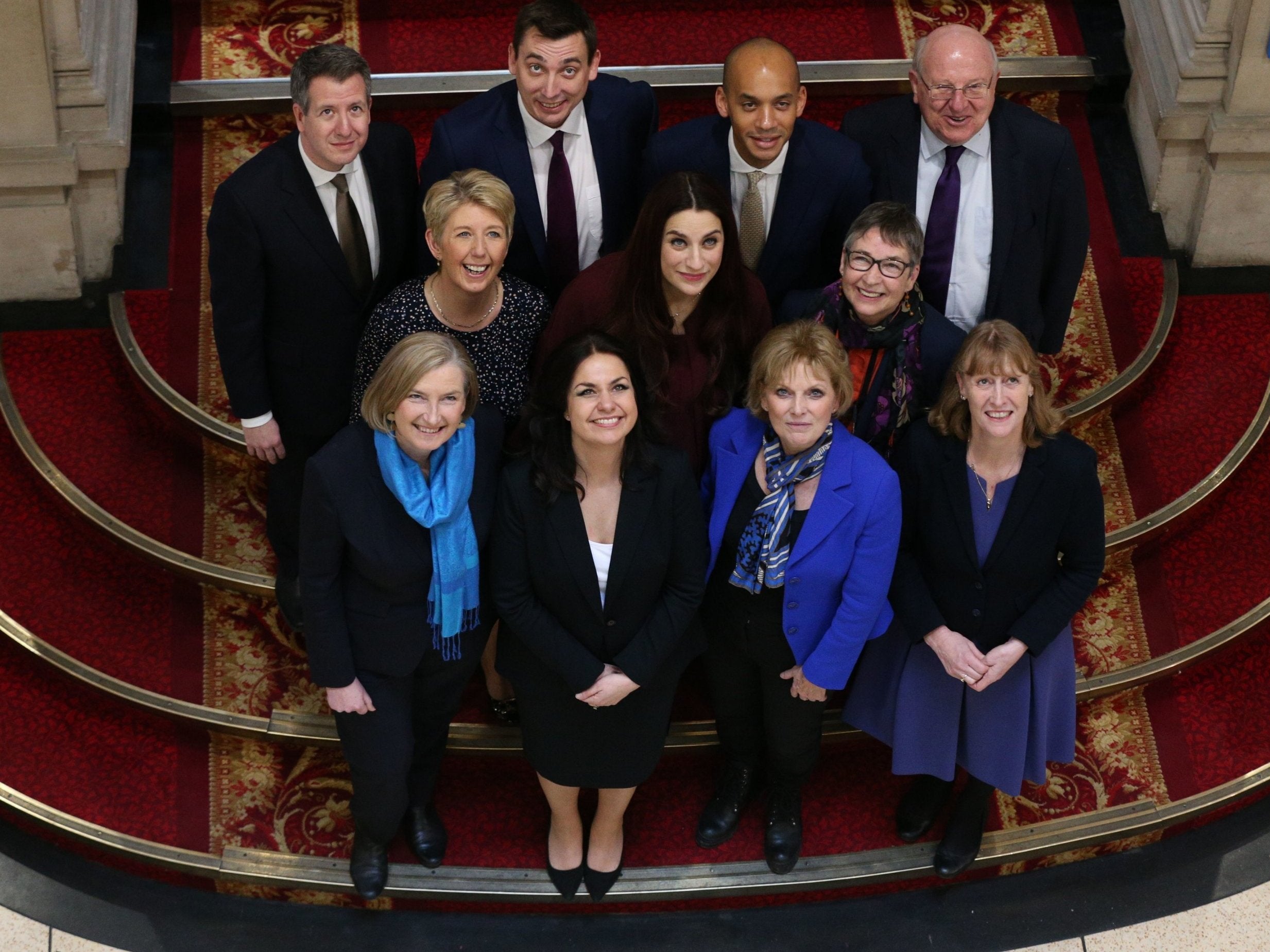 The Independent Group members: (back row left to right) Chris Leslie, Gavin Shuker, Chuka Umunna and Mike Gapes, (middle row, left to right) Angela Smith, Luciana Berger and Ann Coffey, (front row, left to right) Sarah Wollaston, Heidi Allen, Anna Soubry and Joan Ryan