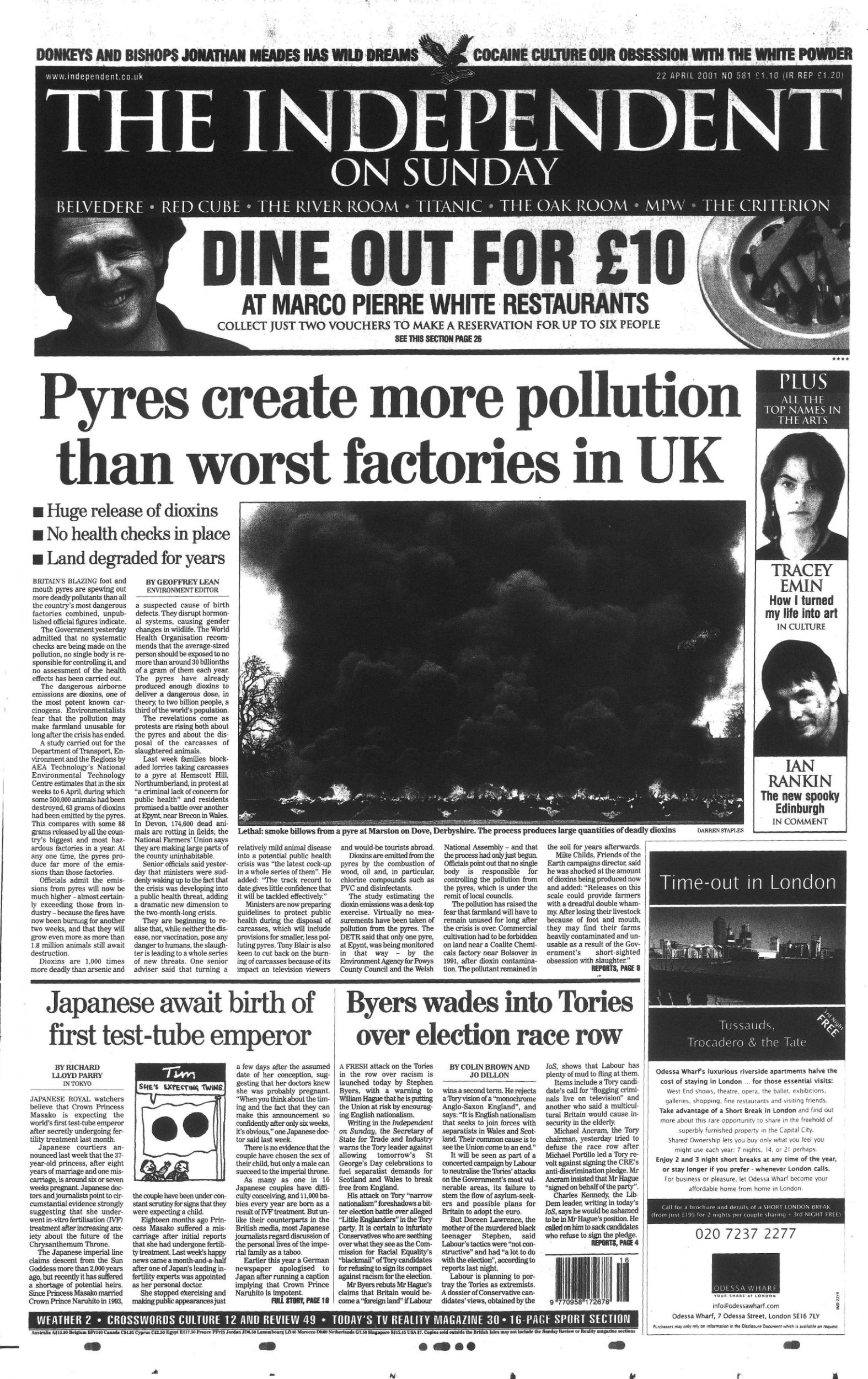 The Independent, front page, 22 April 2001