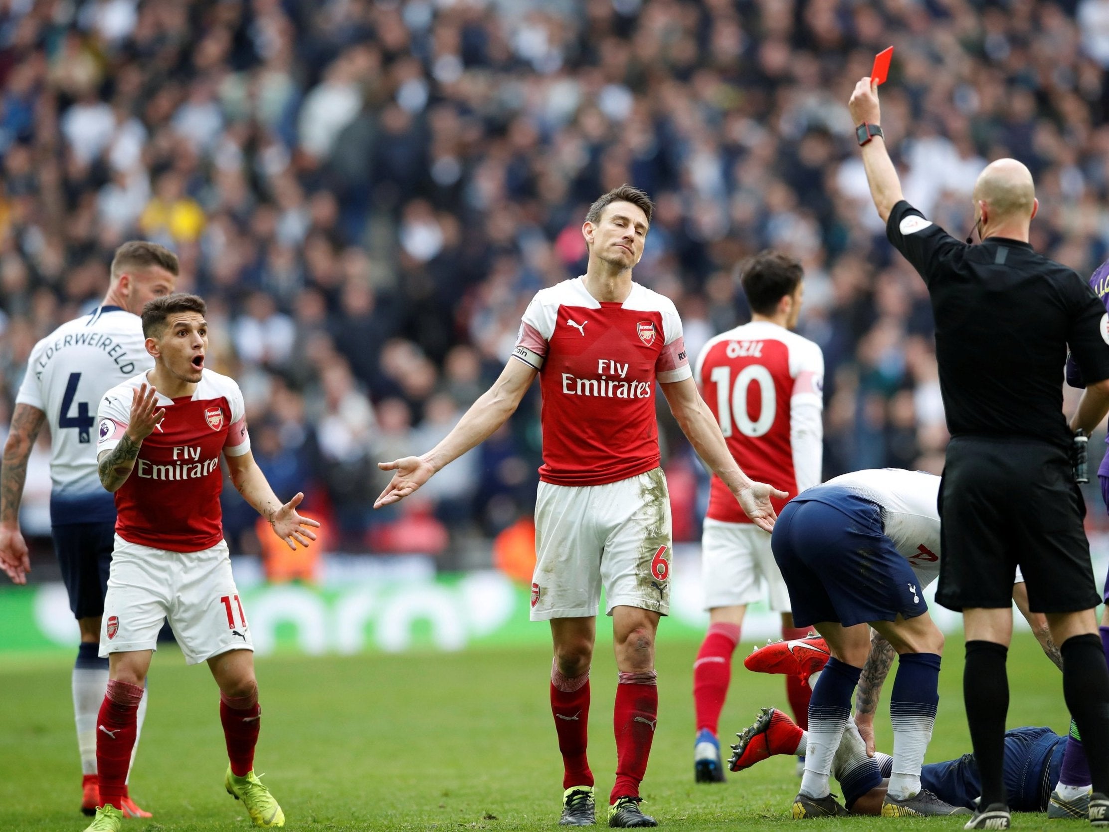 Lucas Torreira is shocked after seeing red in the derby