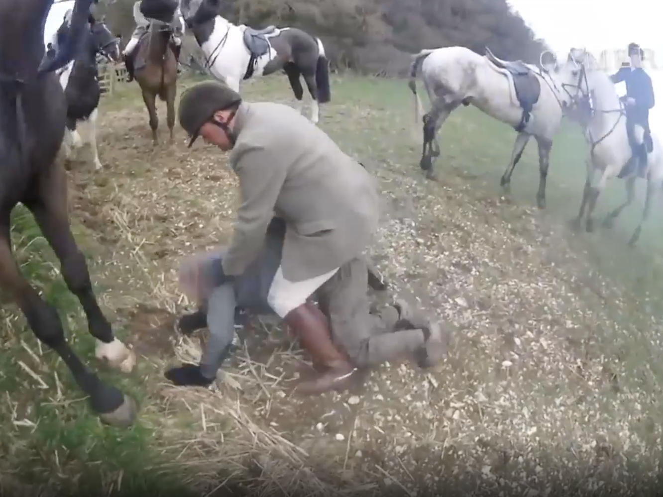 A hunter from the Middleton and Derwent Hunt in Yorkshire is seen straddling a protester in the fracas in 2018