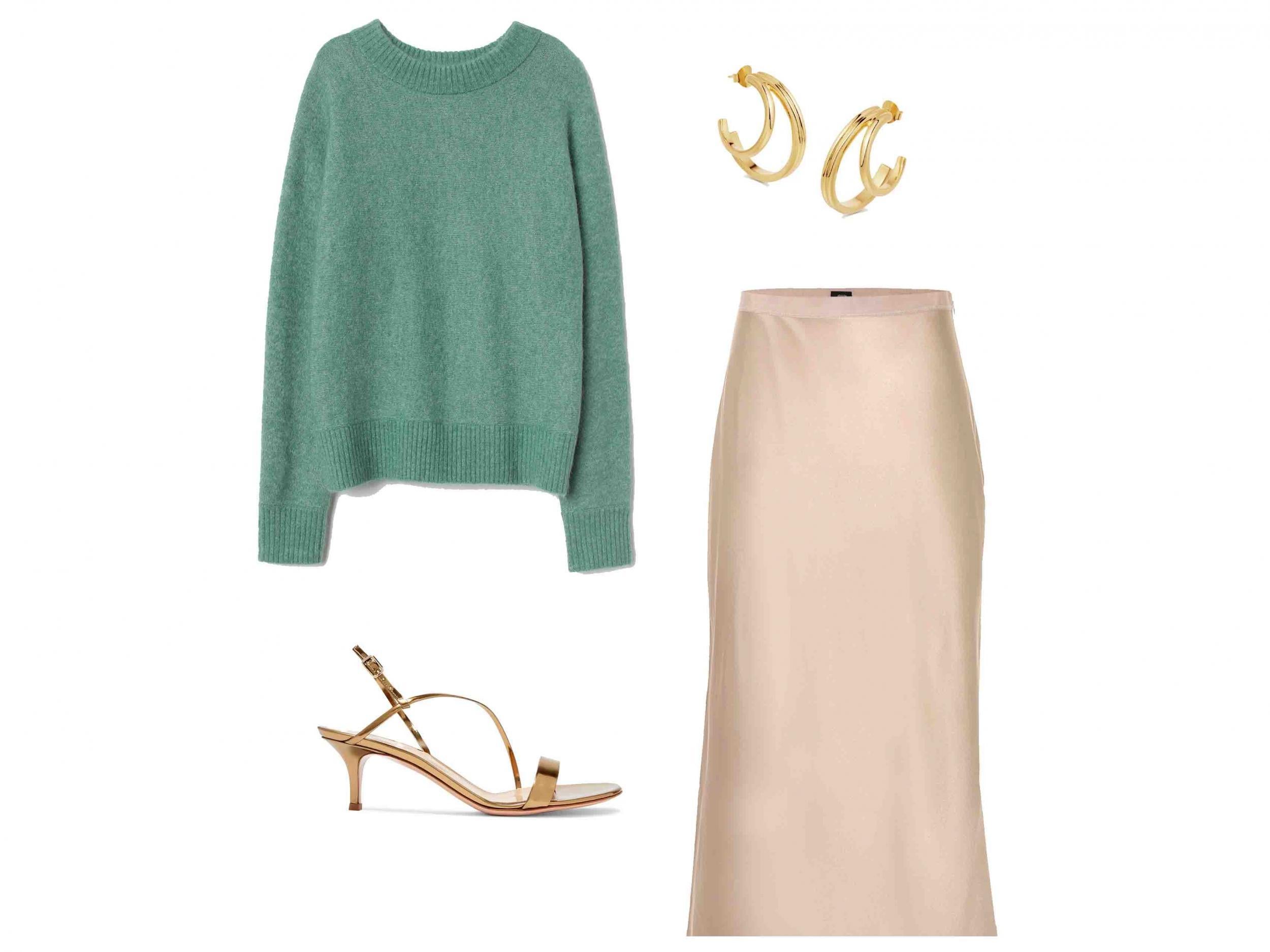 Knitted Mohair-Blend Jumper, £34.99, H&amp;M; Rosette Hoops, £105, Missoma; Gianvito Rossi, Metallic Leather Slingback Sandals, £540, Net-a-Porter; Joseph, Silk Satin Midi Skirt, £295, My Theresa