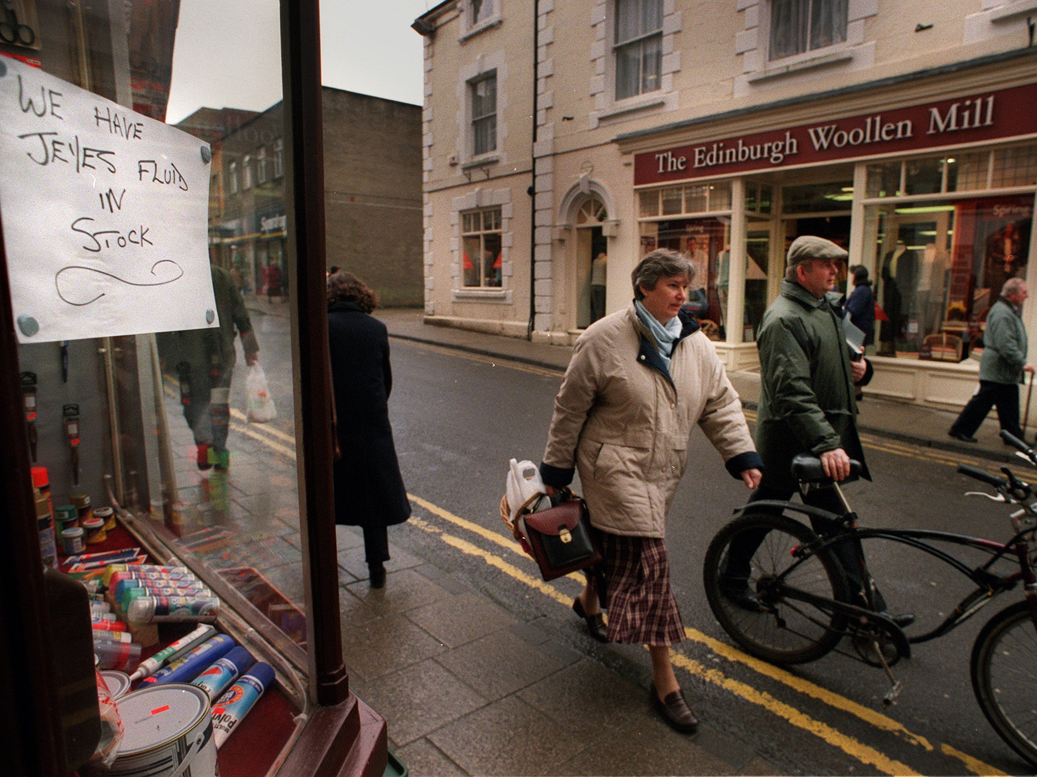 An ironmonger in the main street in Shaftesbury advertises the latest arrival of disinfectant