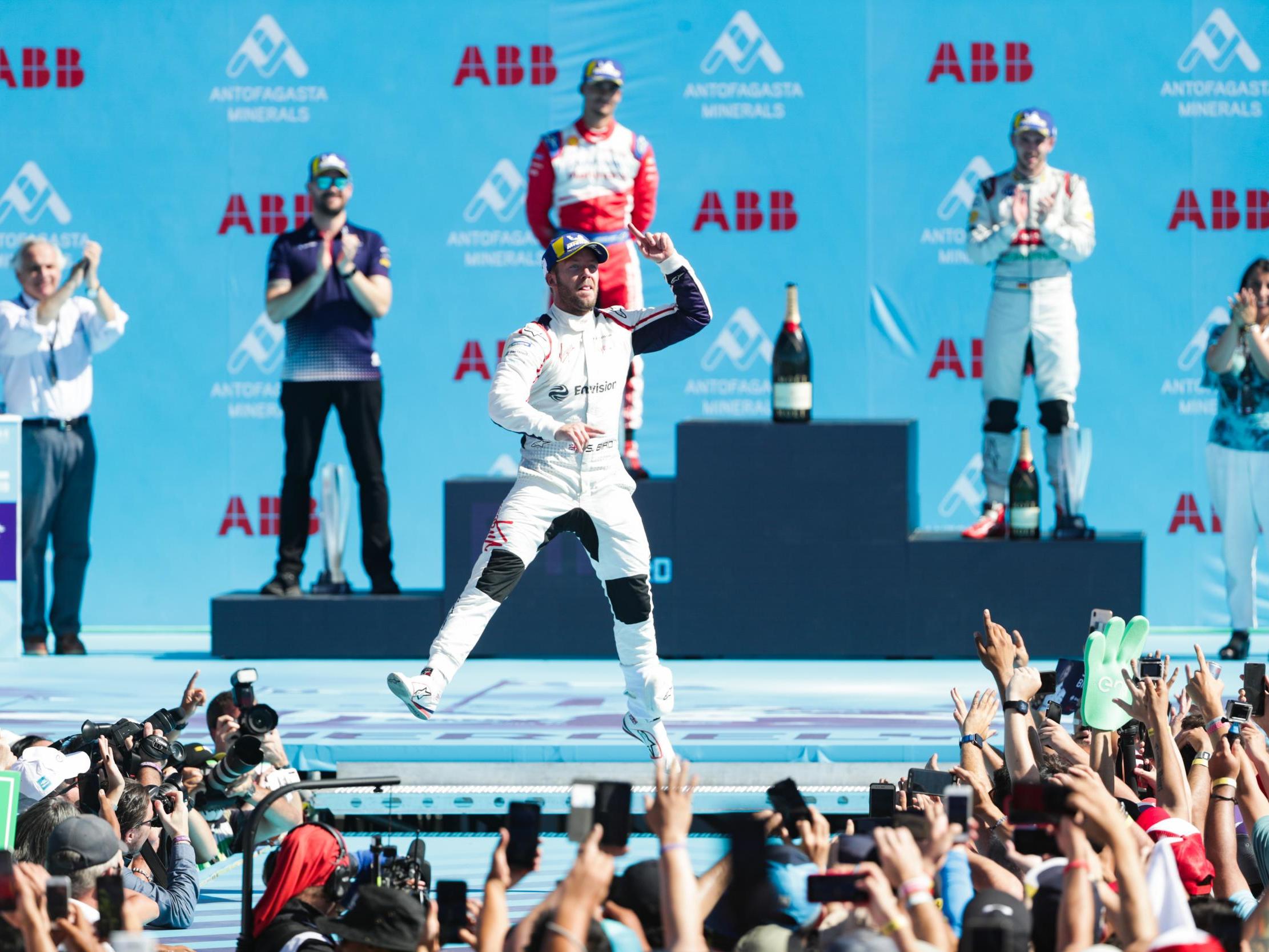 Sam Bird, of Envision Virgin Racing, celebrates his victory at the Santiago E-prix