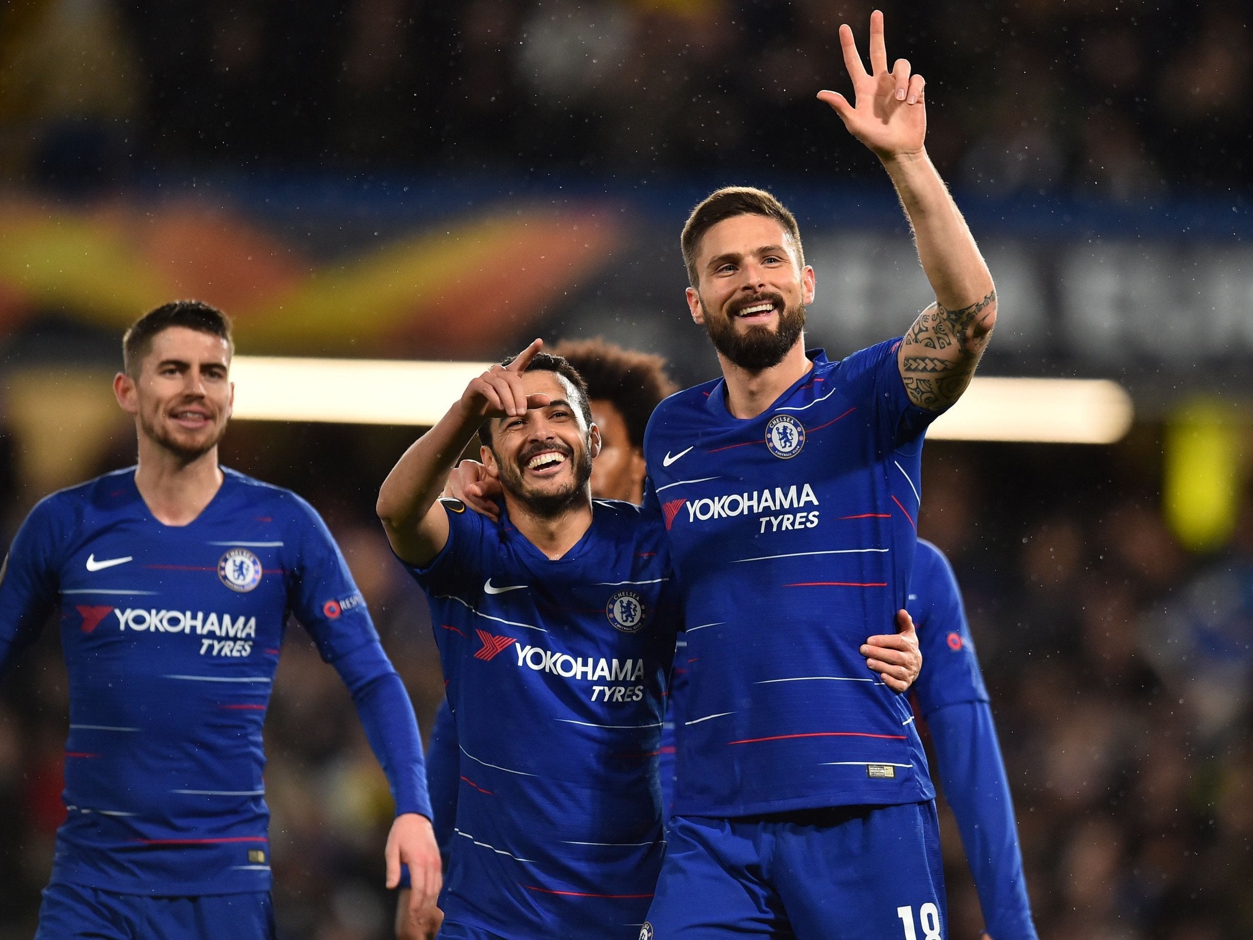 Chelsea celebrate their opening goal of the night