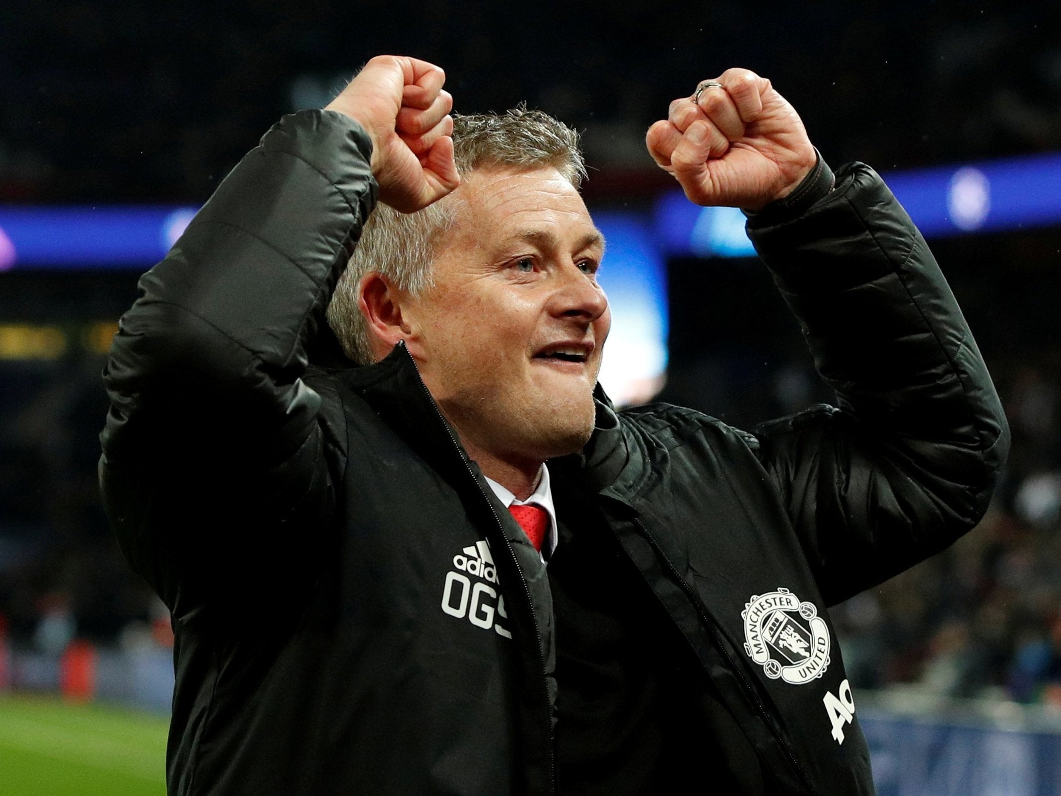 Manchester United interim manager Ole Gunnar Solskjaer celebrates after the match (Reuters)