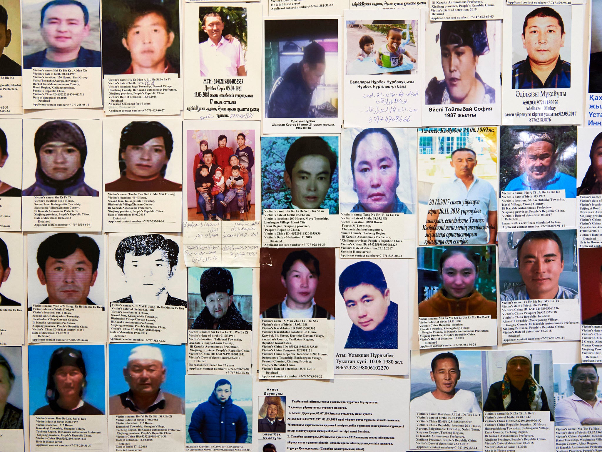 &#13;
A board in the Atajurt office with photos and information of Kazakhs detained in Chinese detention camps (Izturgan Aldauyev for The Washington Post)&#13;