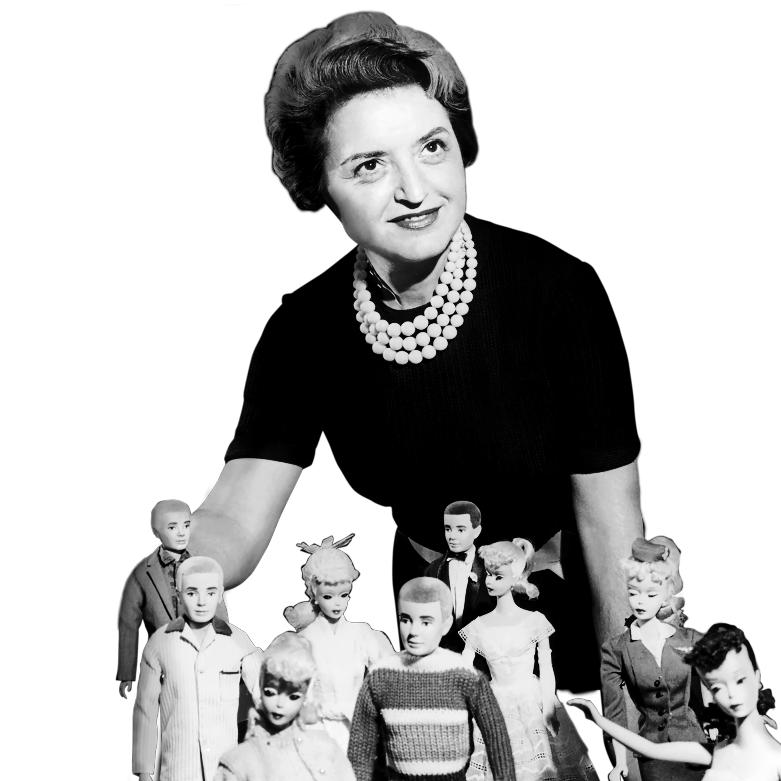 Ruth Handler poses alongside a collection of archive Barbie dolls.