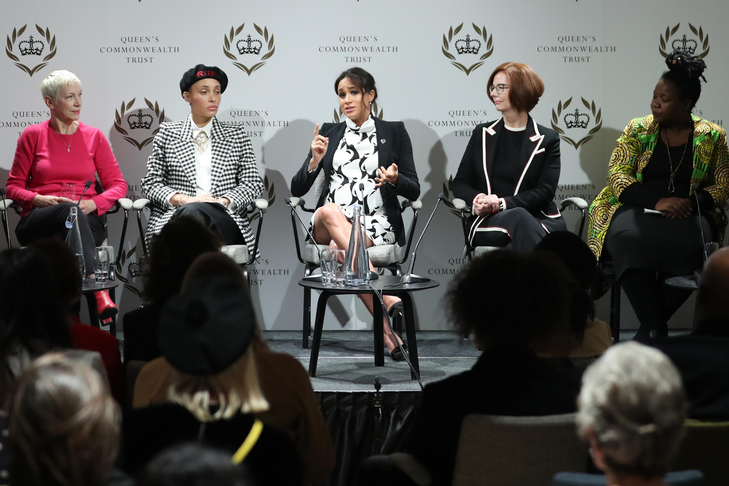 The Duchess of Sussex speaks on a Queen's Commonwealth Trust panel for International Women's Day 2019