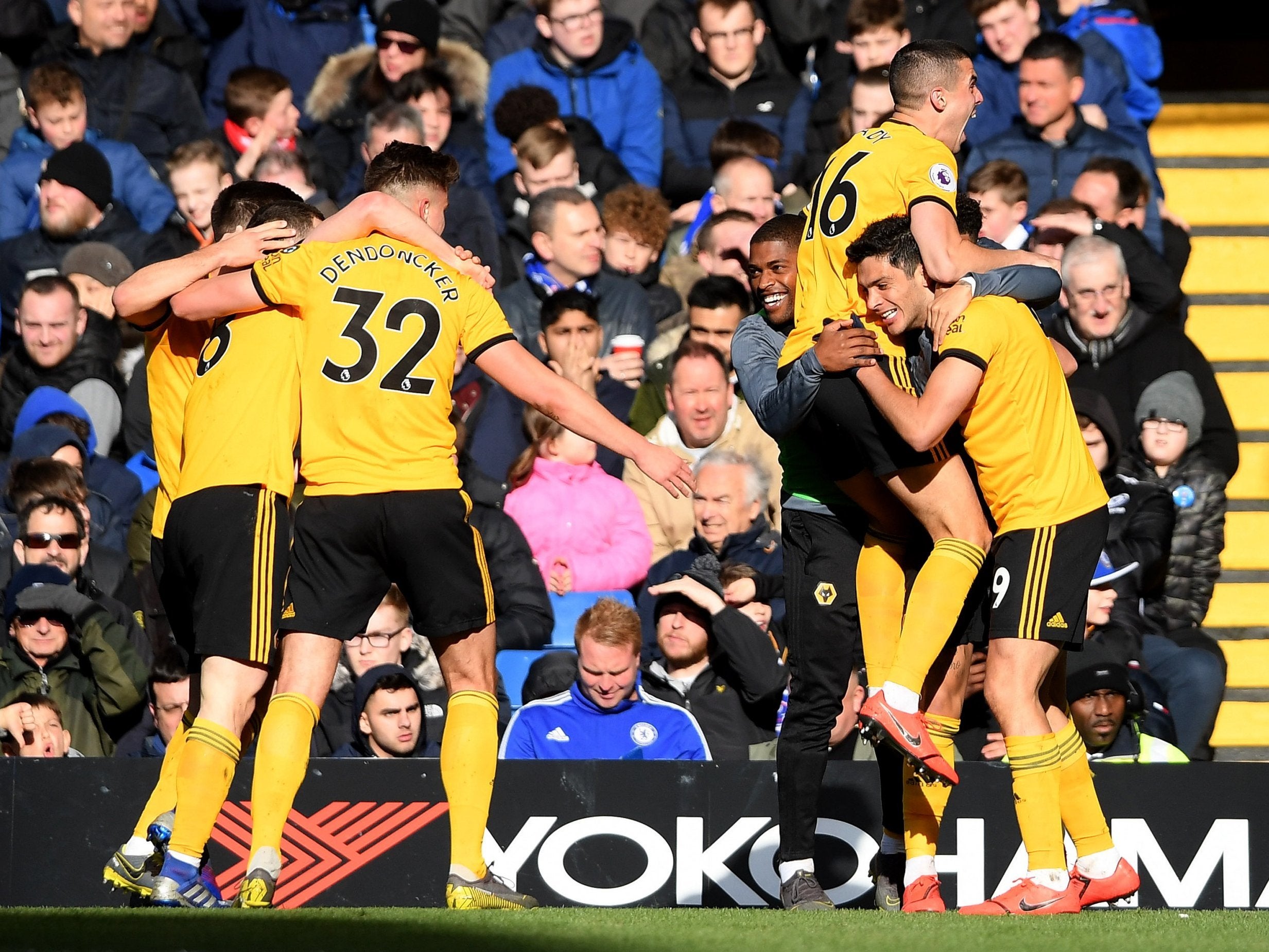 Wolves celebrate going ahead at Stamford Bridge