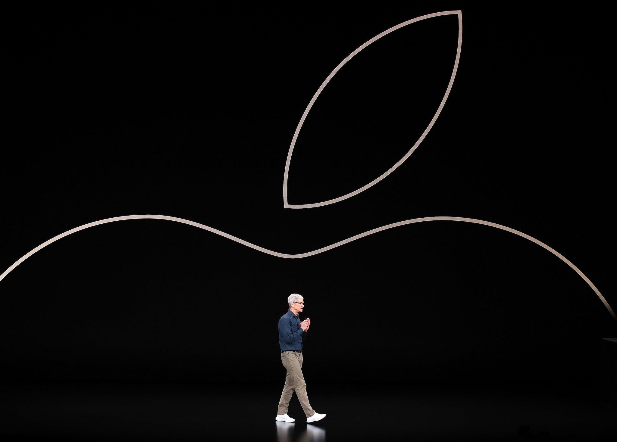 Tim Cook, chief executive officer of Apple, speaks during an Apple event at the Steve Jobs Theater at Apple Park