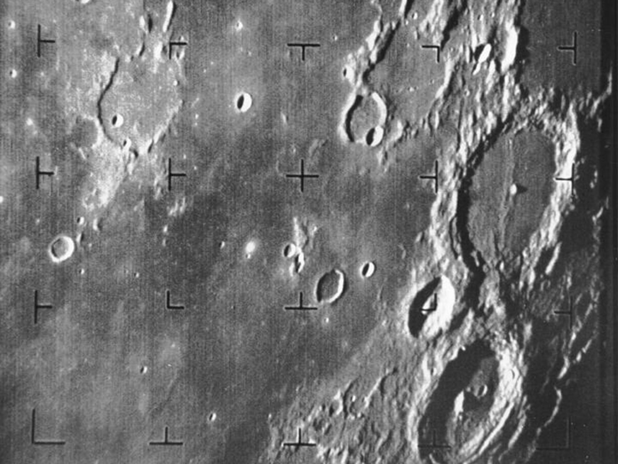 This image was taken by Ranger 7 and was the first close-up of the moon. It is similar to what Ranger 9 broadcast to Earth before it crashed into the moon in 1965