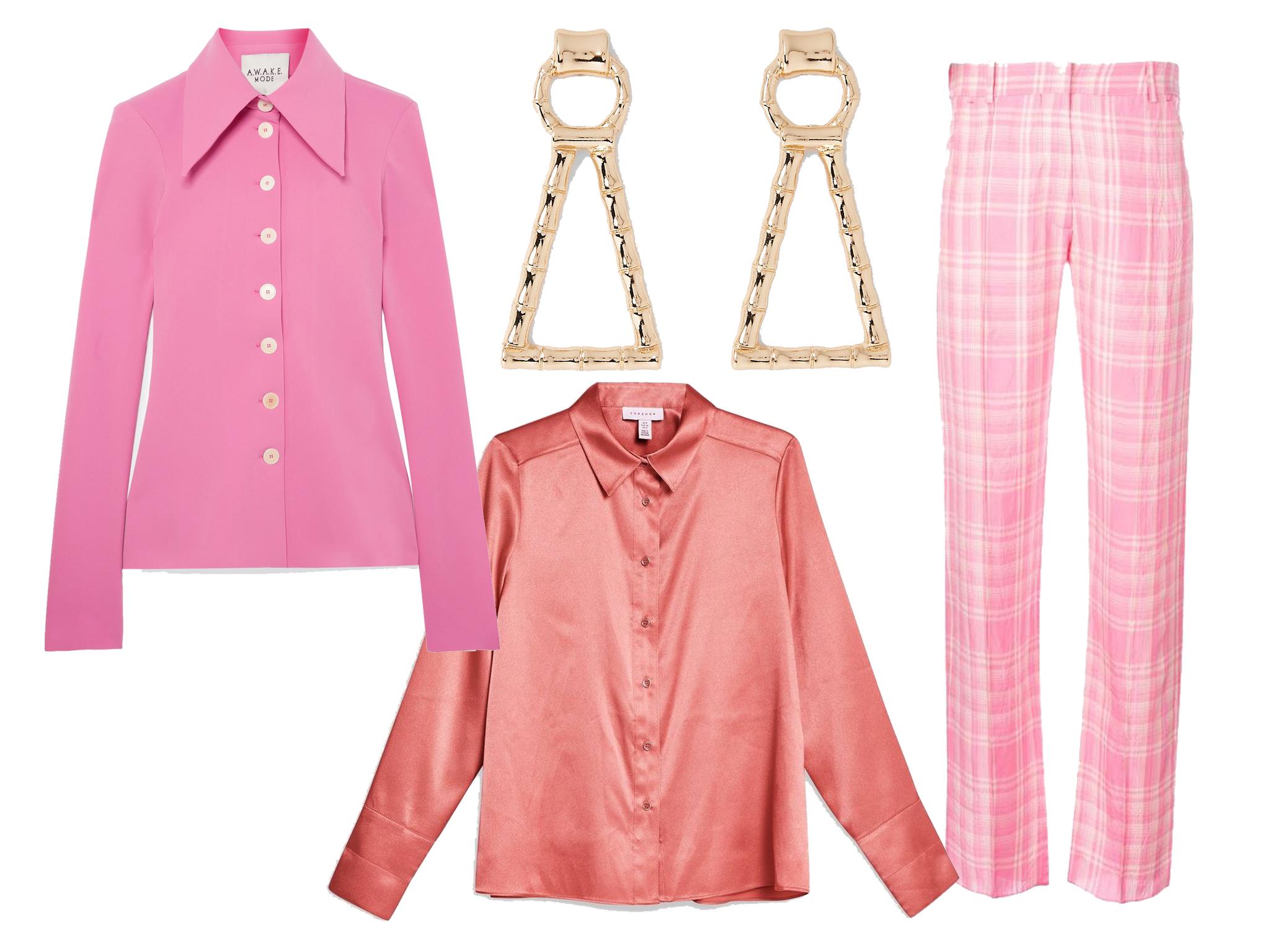 River Island gold colour bamboo drop earrings, £12; Awake stretch-crepe shirt £290, Topshop satin shirt £32, Victoria Beckham plaid straight leg trousers £180.