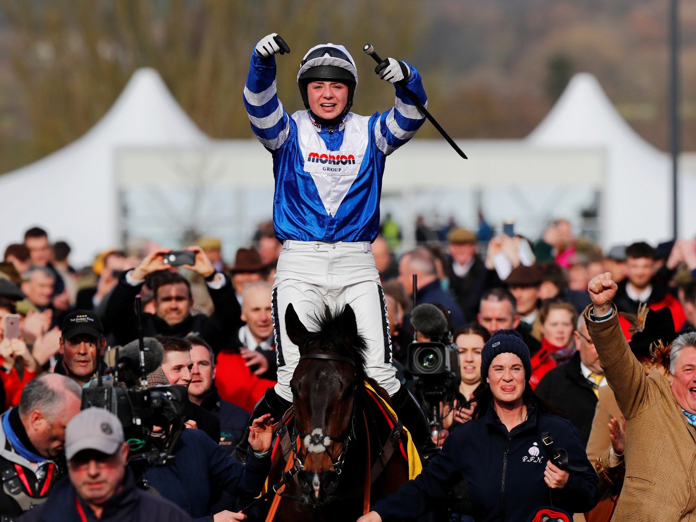 Bryony Frost celebrates winning the Ryainair Chase on Frodon