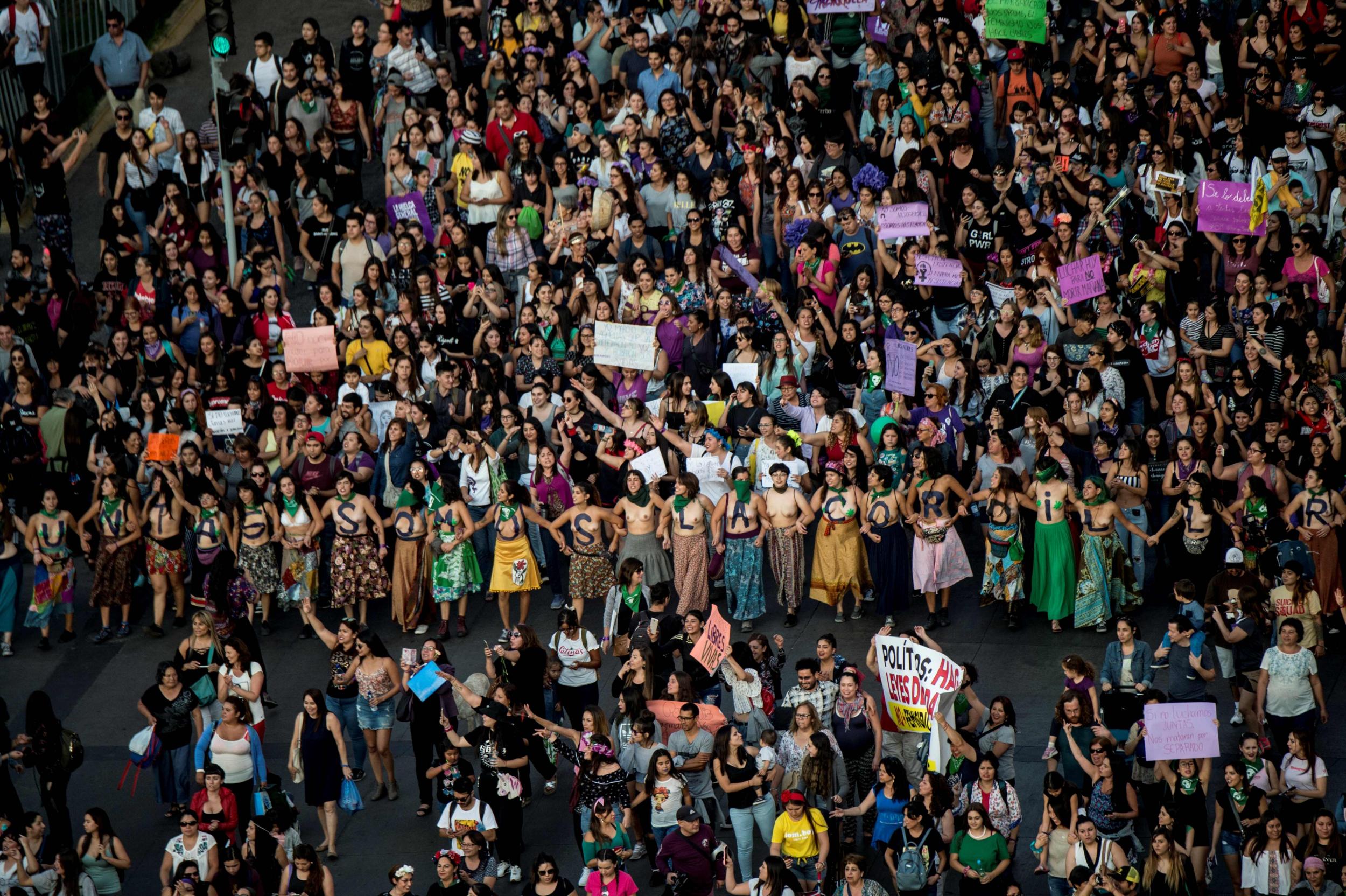 Women demonstrate in front of La Moneda presidential palace during International Women's Day in Santiago in Chile on 8 March 2019