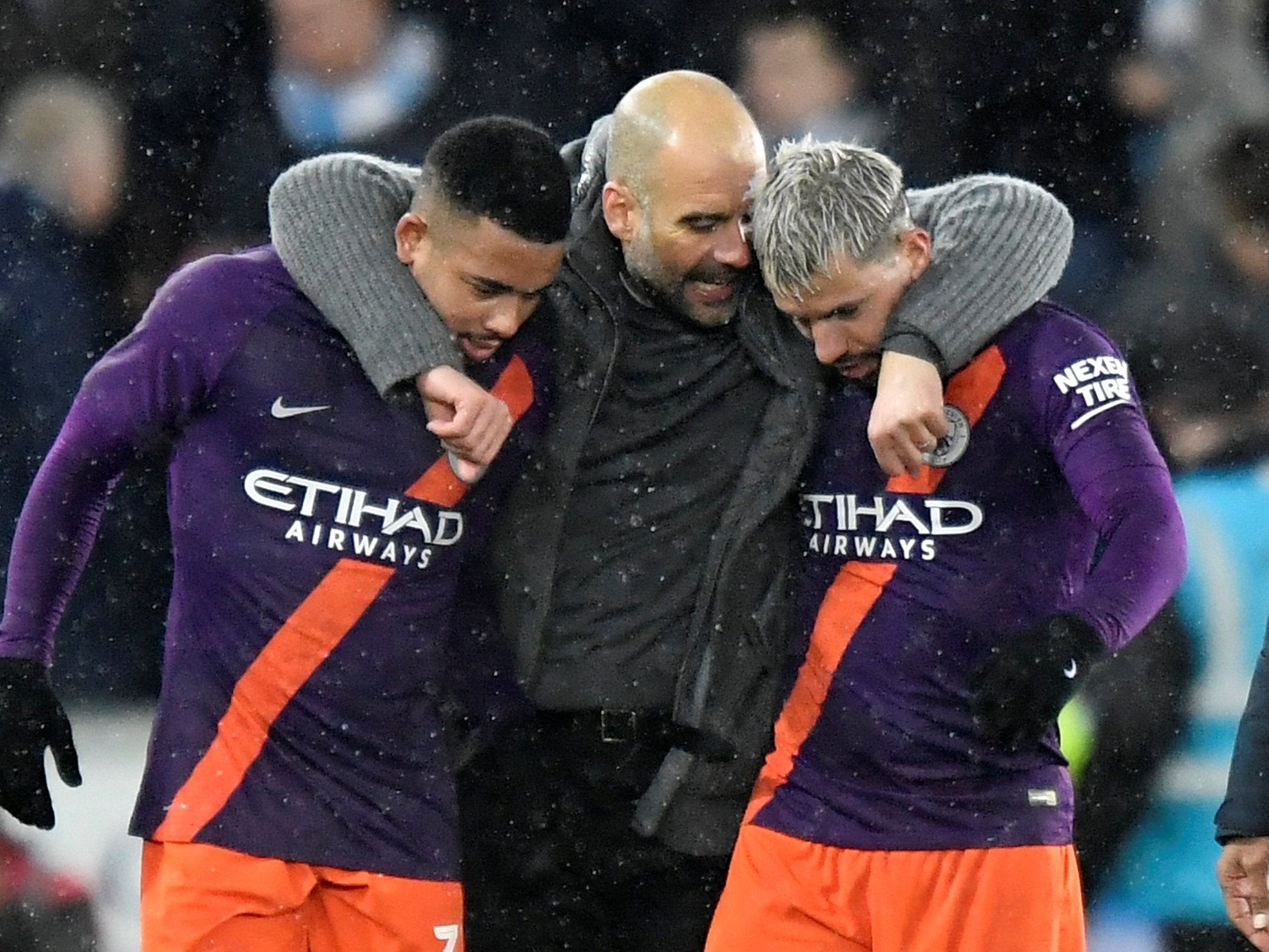 Manchester City's Sergio Aguero and Gabriel Jesus celebrate with manager Pep Guardiola (Reuters)