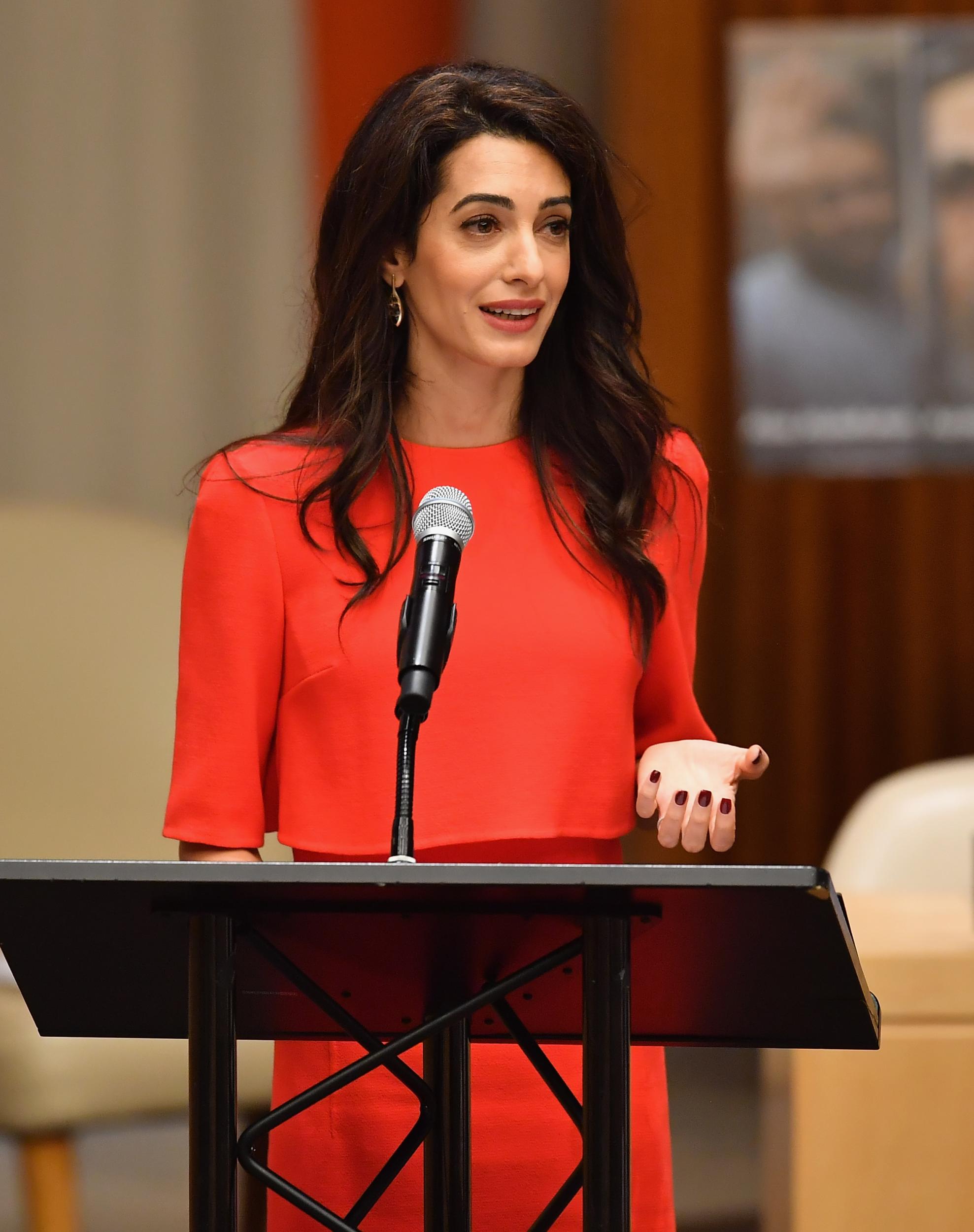 Amal Clooney participates in the Press Behind Bars: Undermining Justice and Democracy event during the 73rd session of the United Nations General Assembly at the United Nations in New York on 28 September 28, 2018