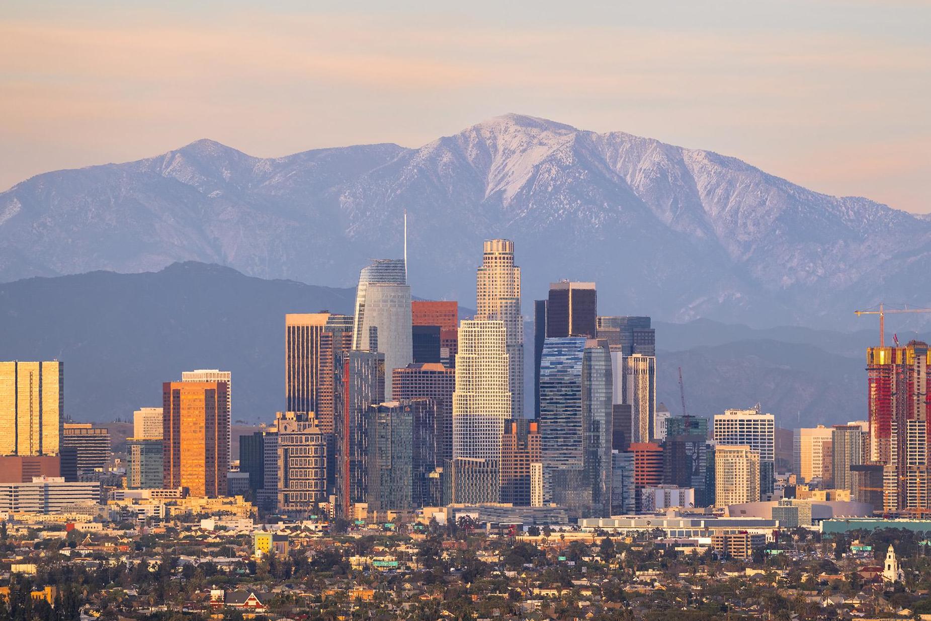 Los Angeles with Mount Baldy and the San Gabriel mountain range behind