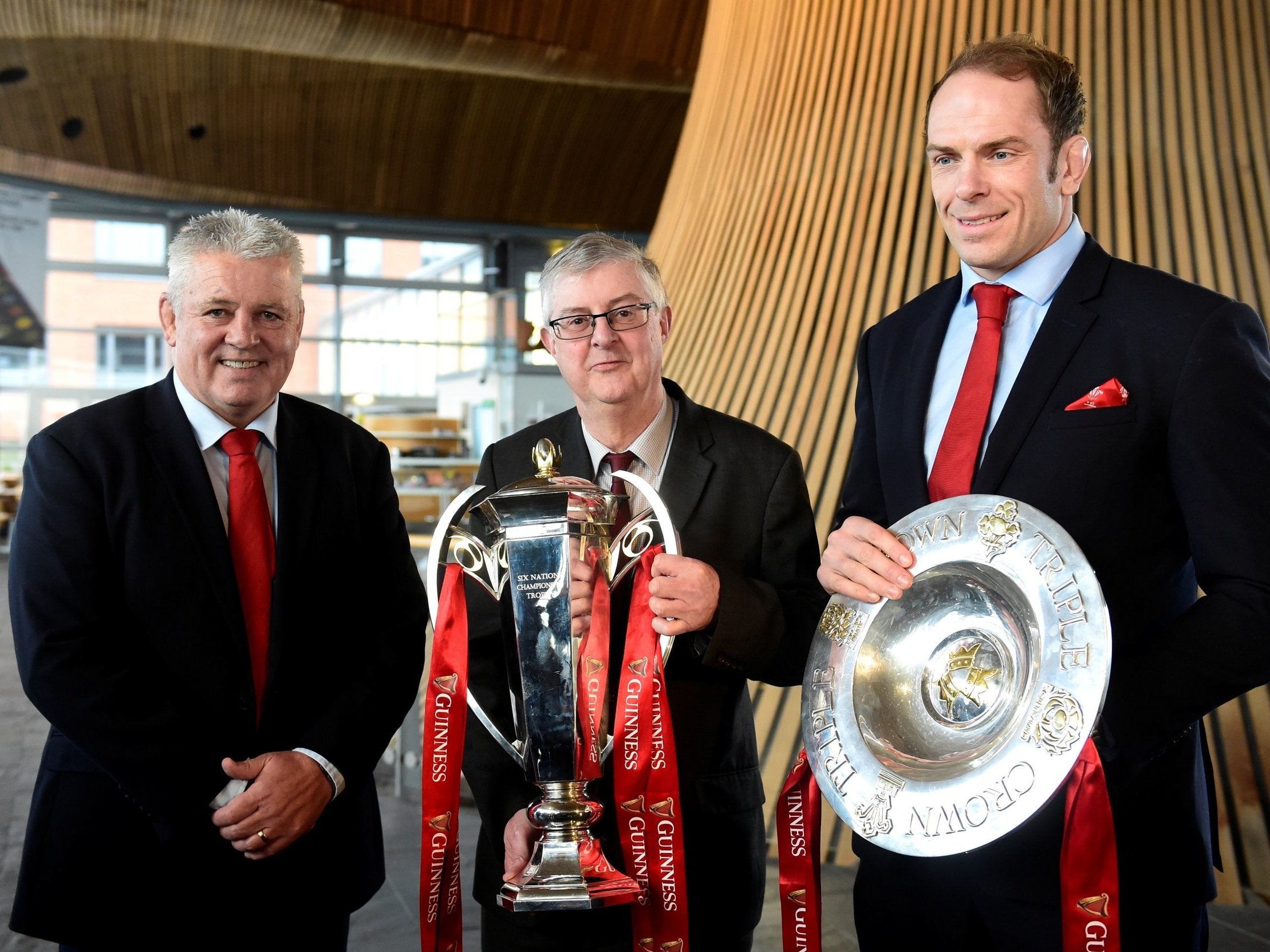 Wales head coach Gatland, Wales first minister Mark Drakeford and Wales' Alun Wyn Jones (Reuters)