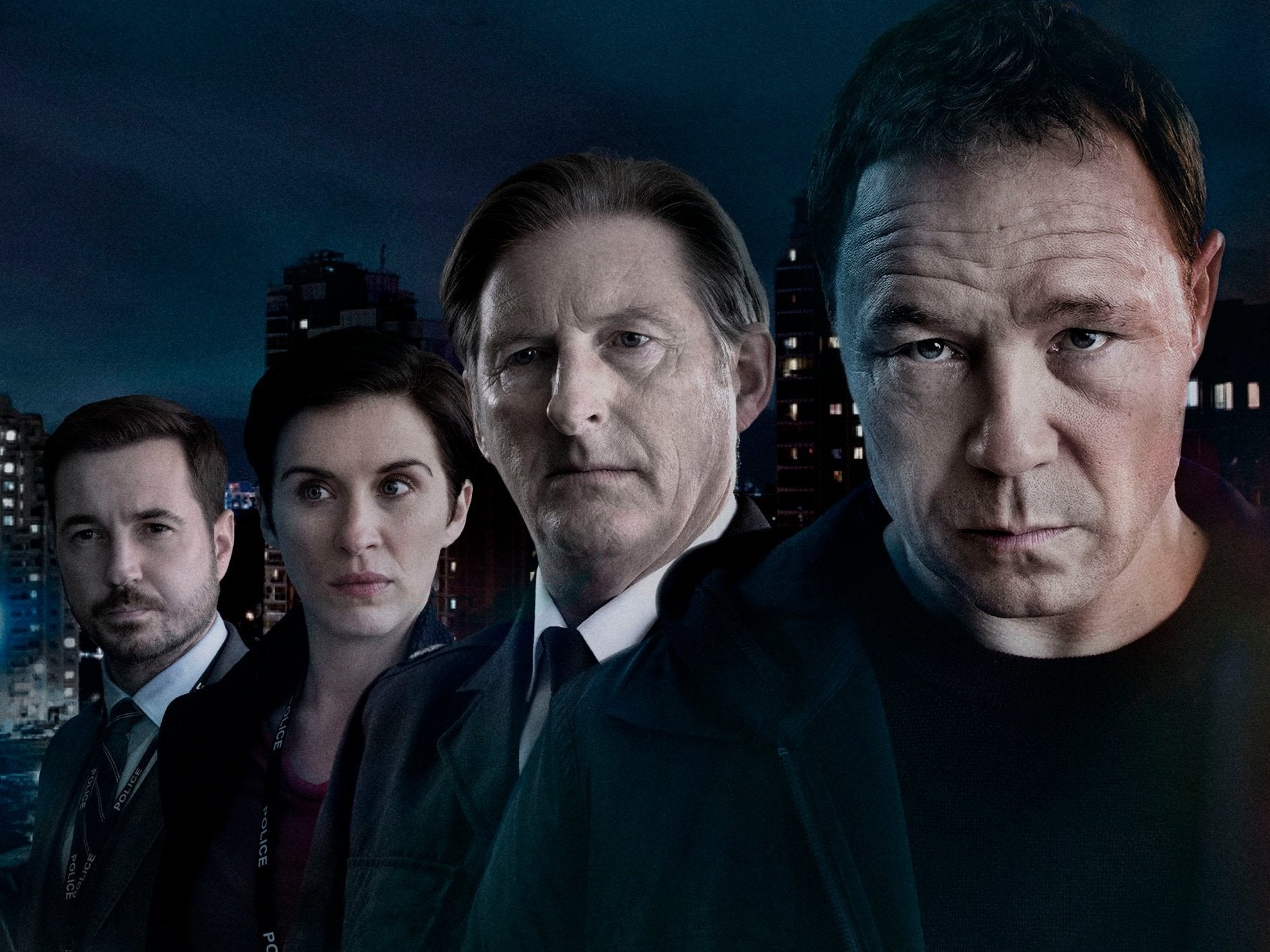 Duty calls: (from left) Martin Compston, Vicky McClure, Adrian Dunbar and Stephen Graham