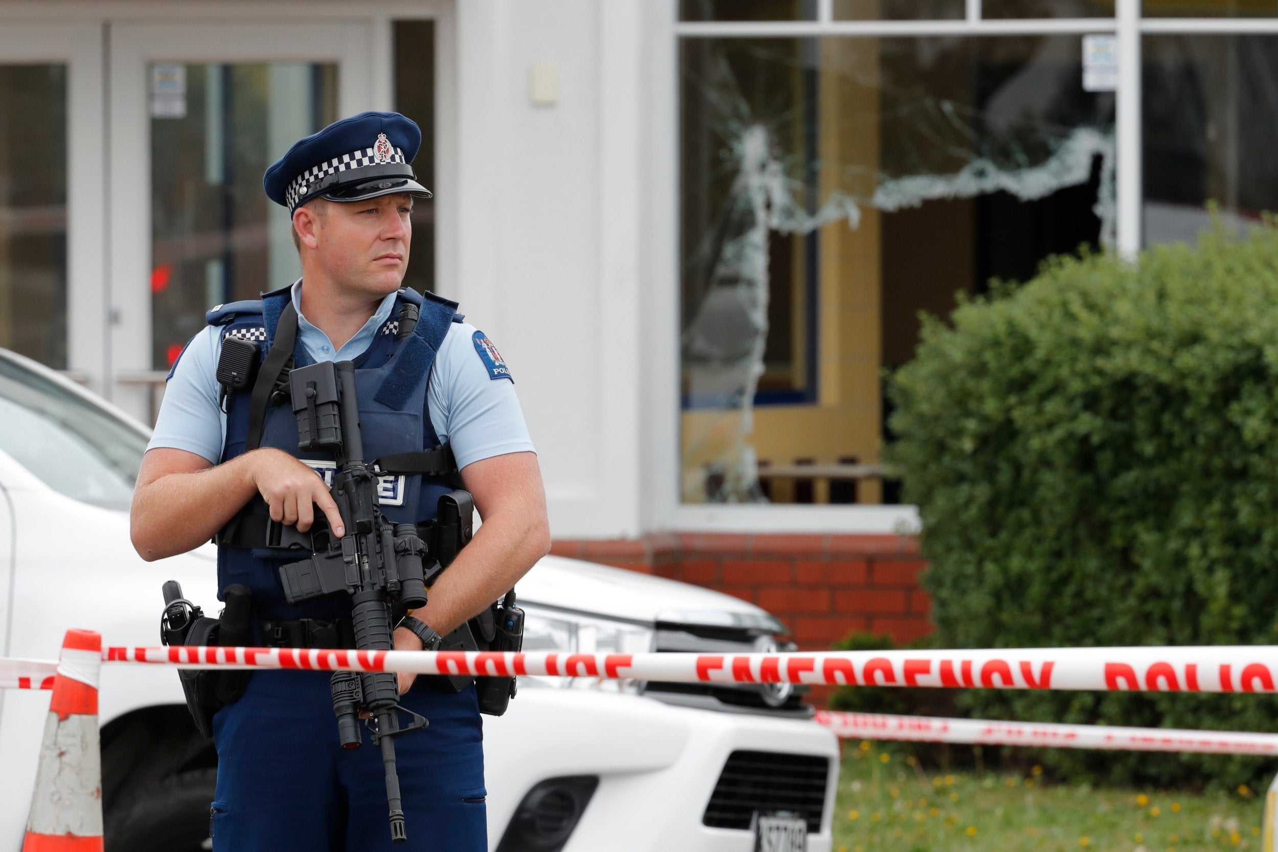 A police officer guards the Linwood mosque in Christchurch, New Zealand