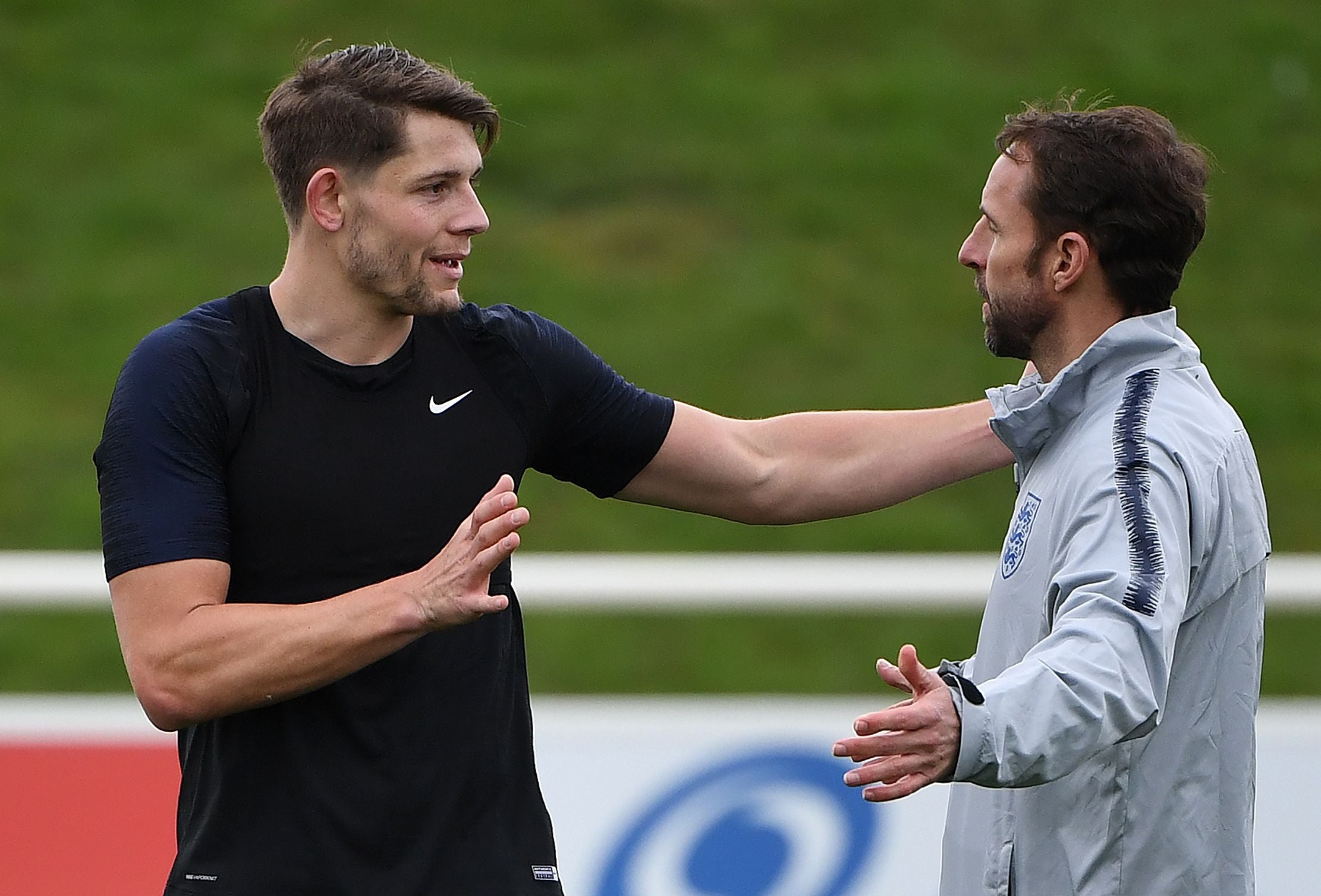 James Tarkowski in training with Gareth Southgate at St George’s Park