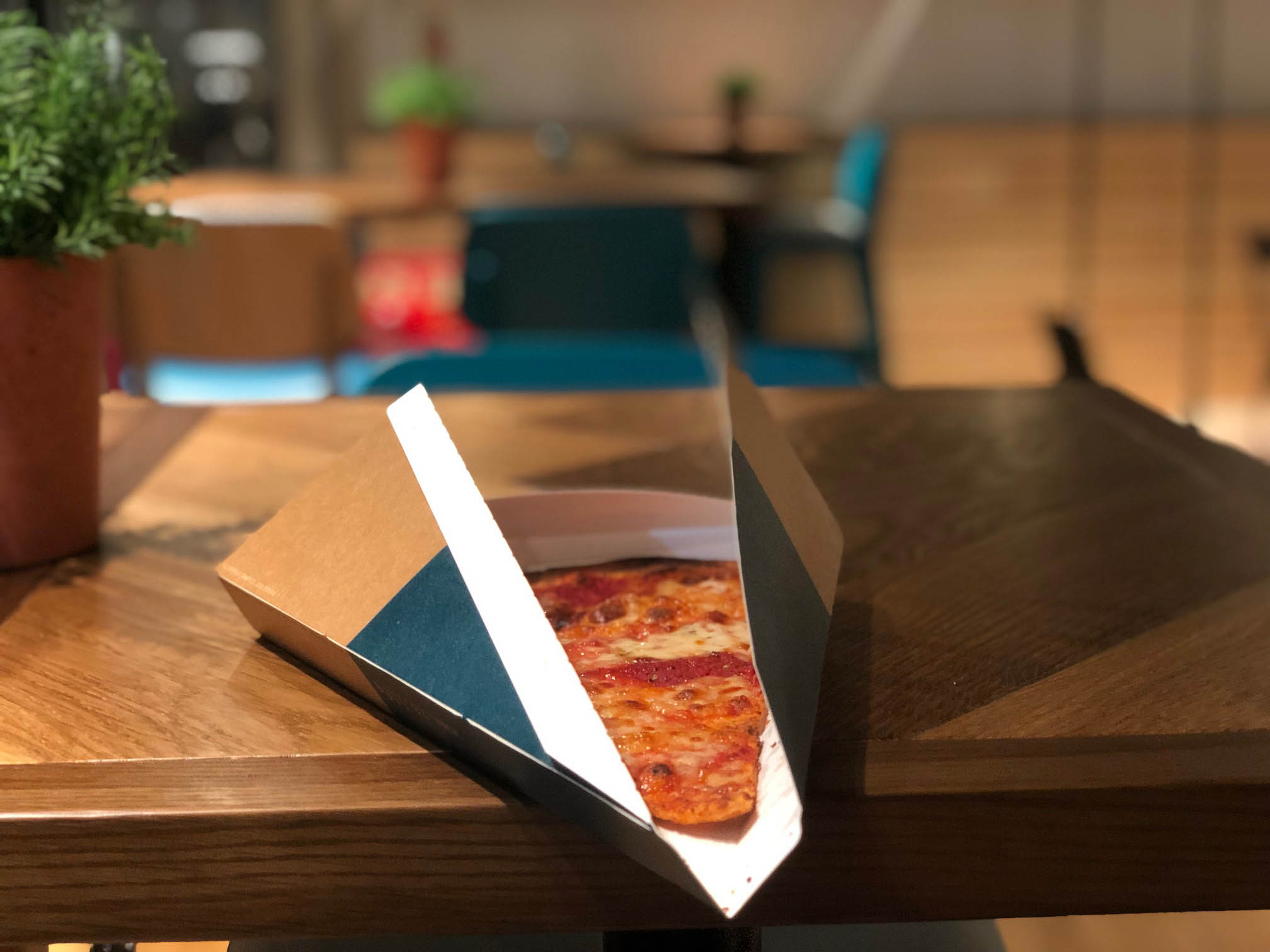 Pizza slices are available, along with wraps, salads, drinks and, in the morning, breakfast