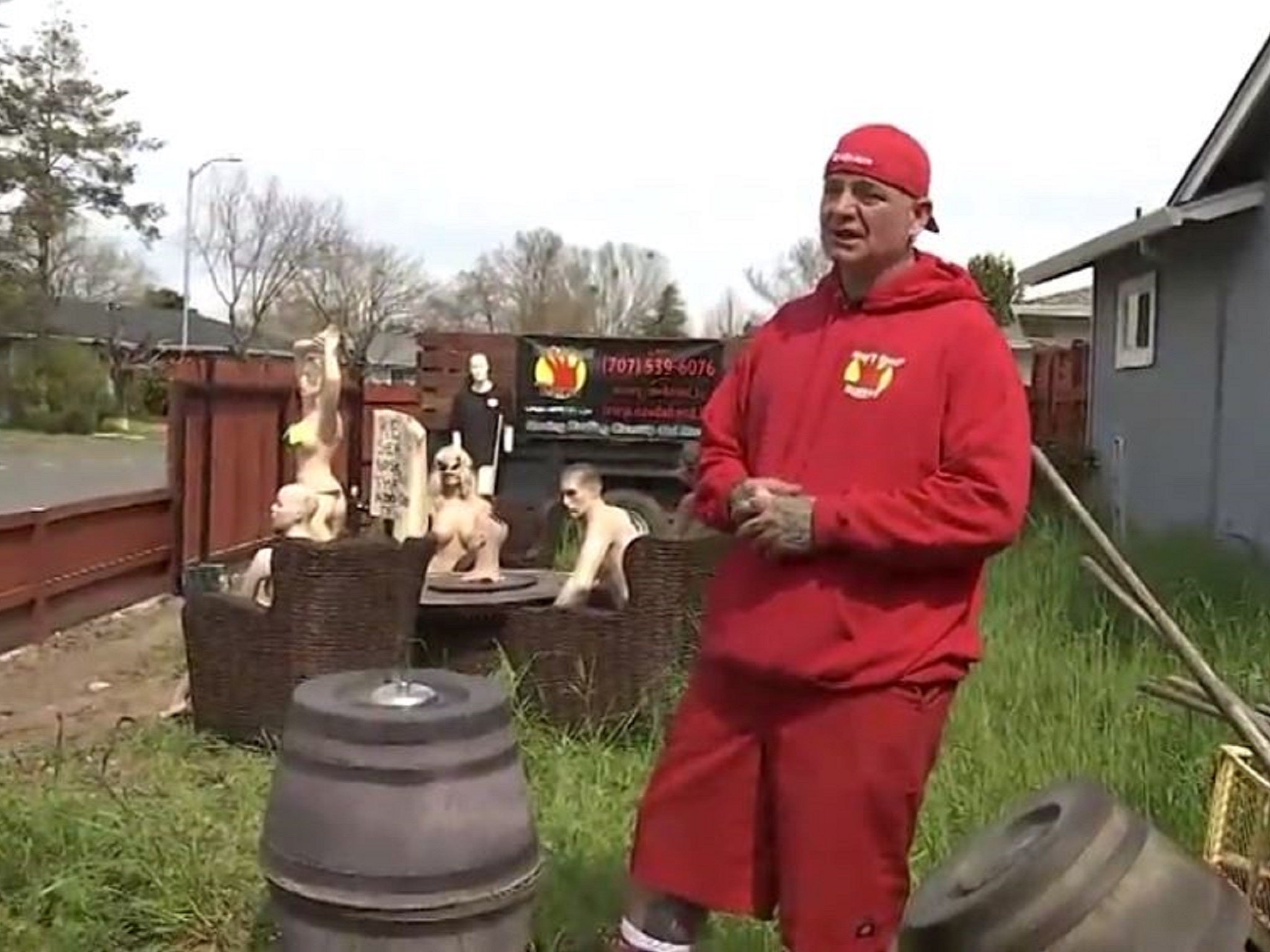 Jason Windus arranged a display of naked mannequins in his front garden in Santa Rosa, California, after he was forced to cut his fence in half because someone complained it was too high.