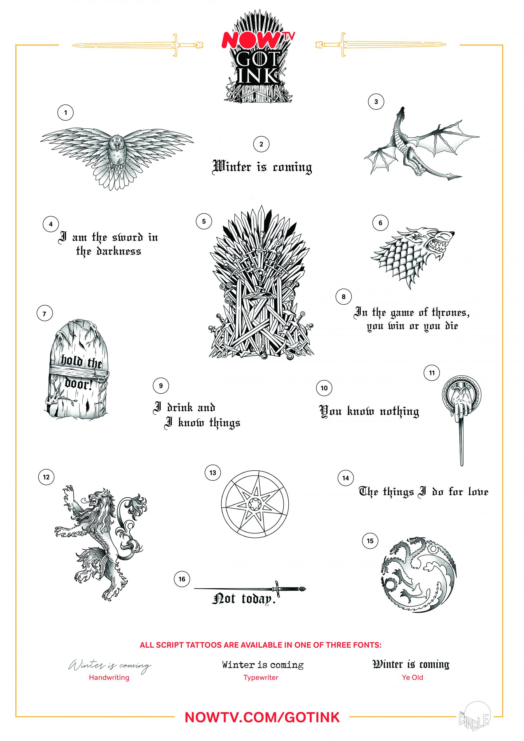 Game of Thrones Ink Tattoo Flash Sheet