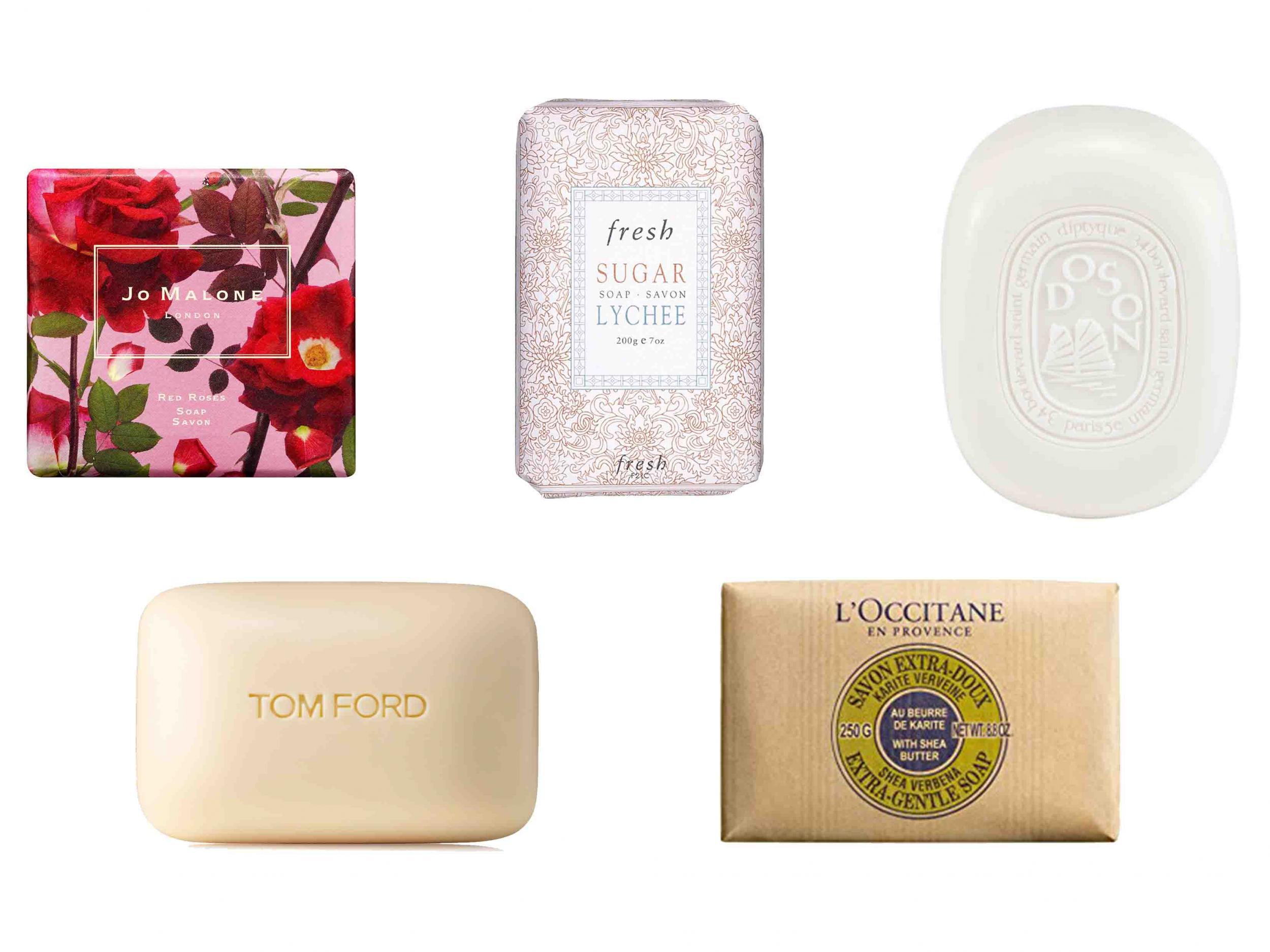 (L-R) Red Roses Soap, £15, Jo Malone; Tom Ford, Neroli Portofino Bath Soap, £27, Harrods; Fresh, Sugar Lychee Soap, £13, John Lewis; L’Occitane, Verbena Shea Butter Extra Gentle Soap, £9, L’Occitane; Diptyque, Do Son Soap, £18, Space NK