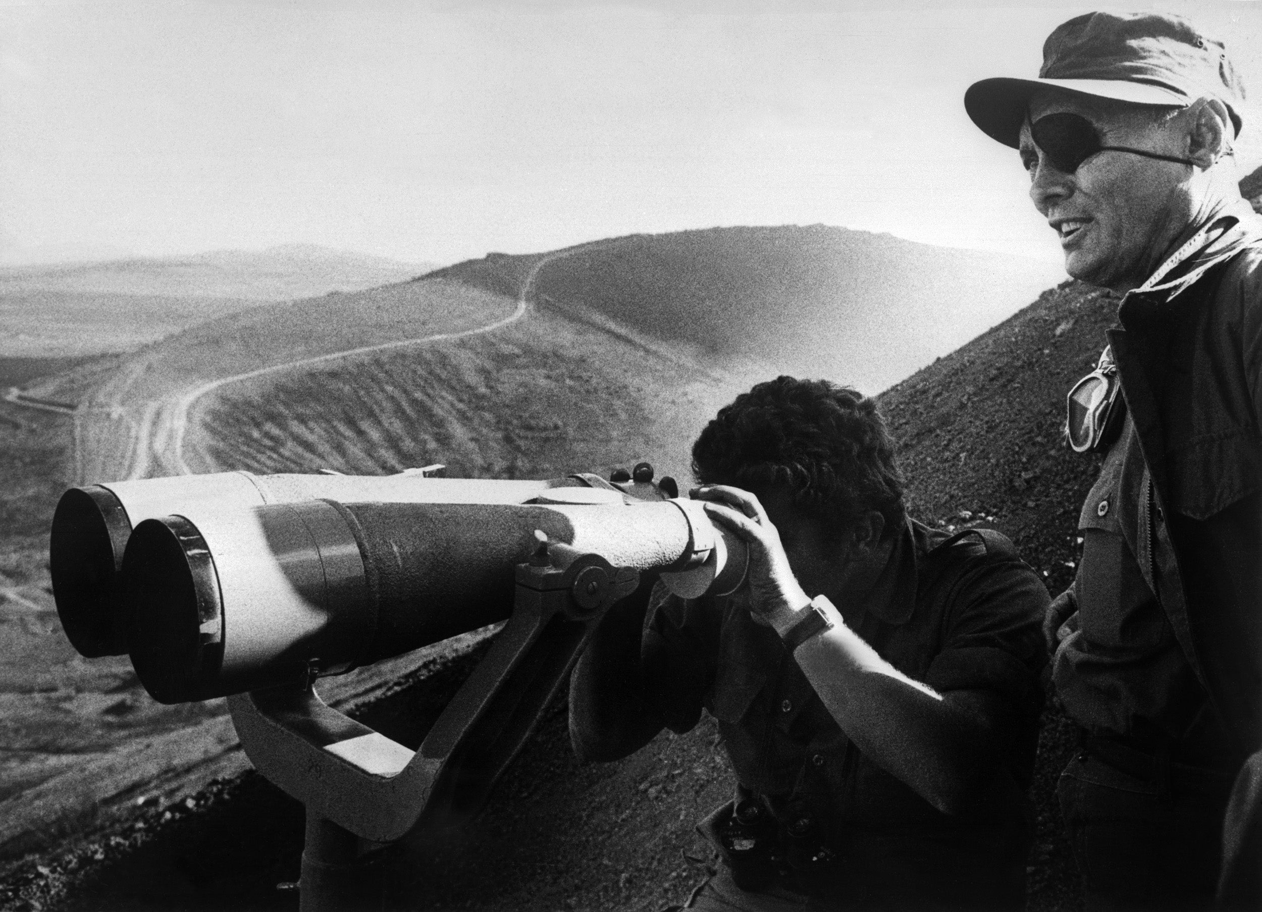 Moshe Dayan, Israel’s defence minister, guards the Golan Heights four days before the start of the Yom Kippur war in 1973