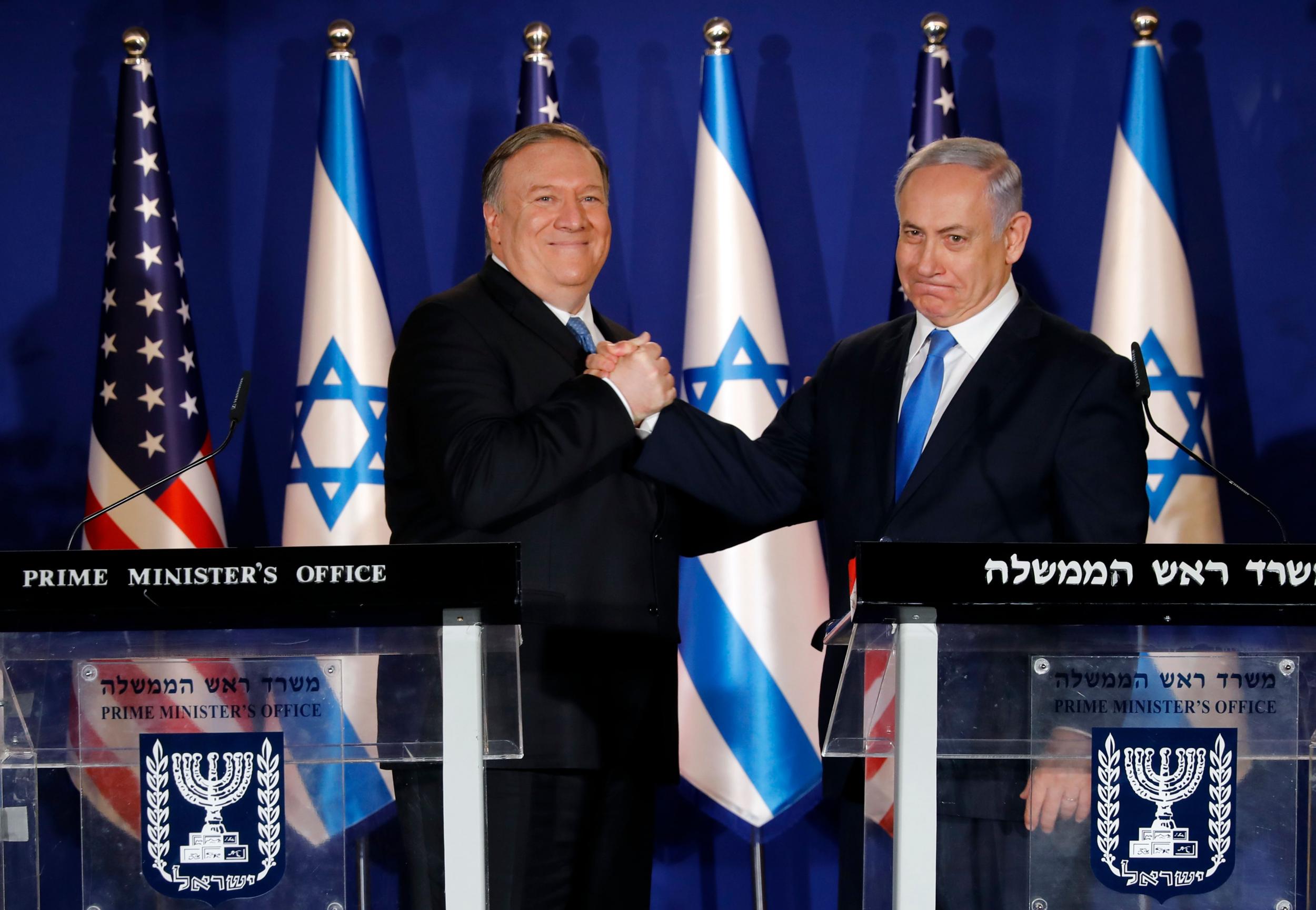 Benjamin Netanyahu (right) welcomes US secretary of state Mike Pompeo on the day the US recognises Israeli sovereignty over the Golan Heights