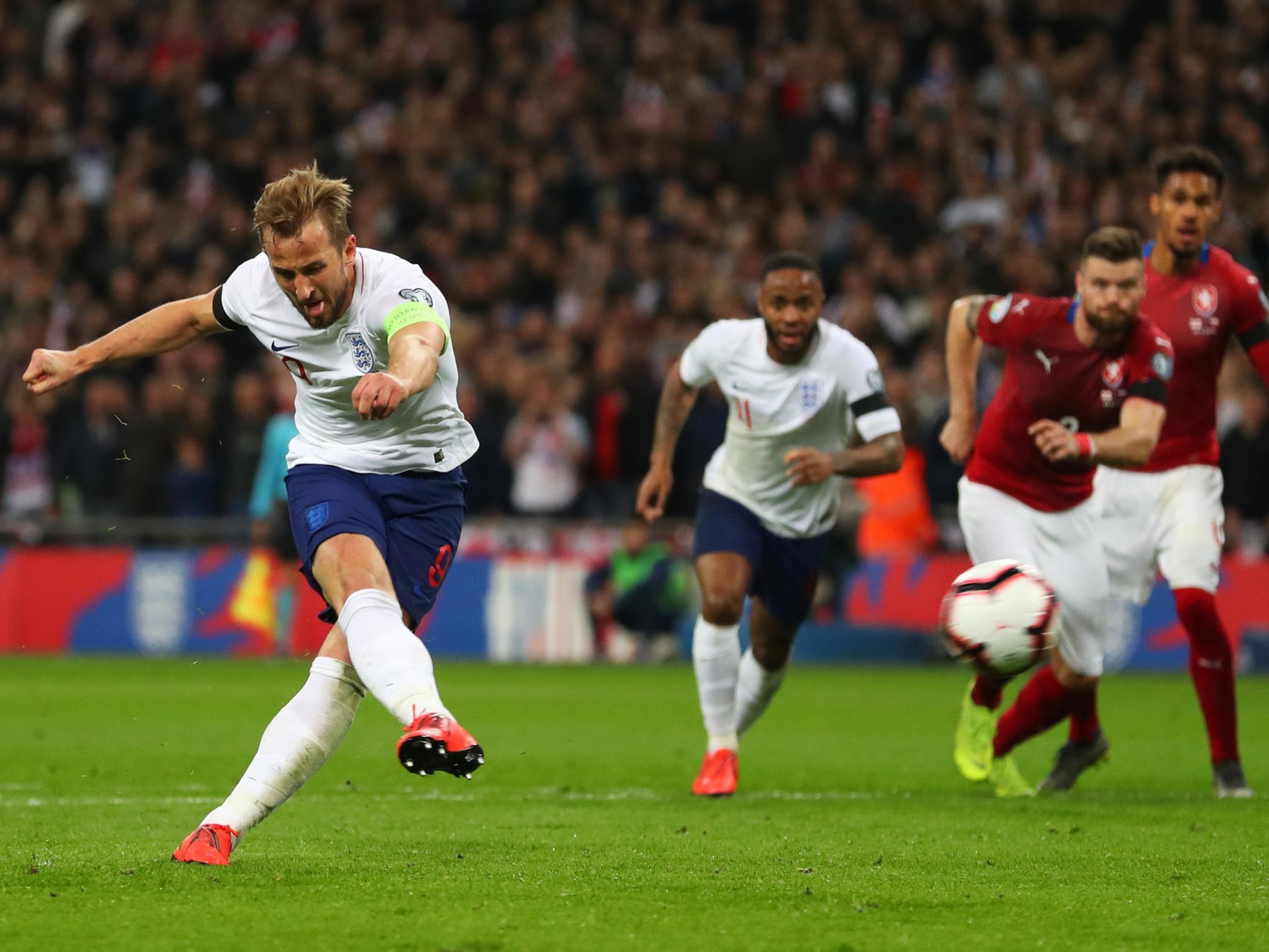 Harry Kane converts from the spot to double England’s lead