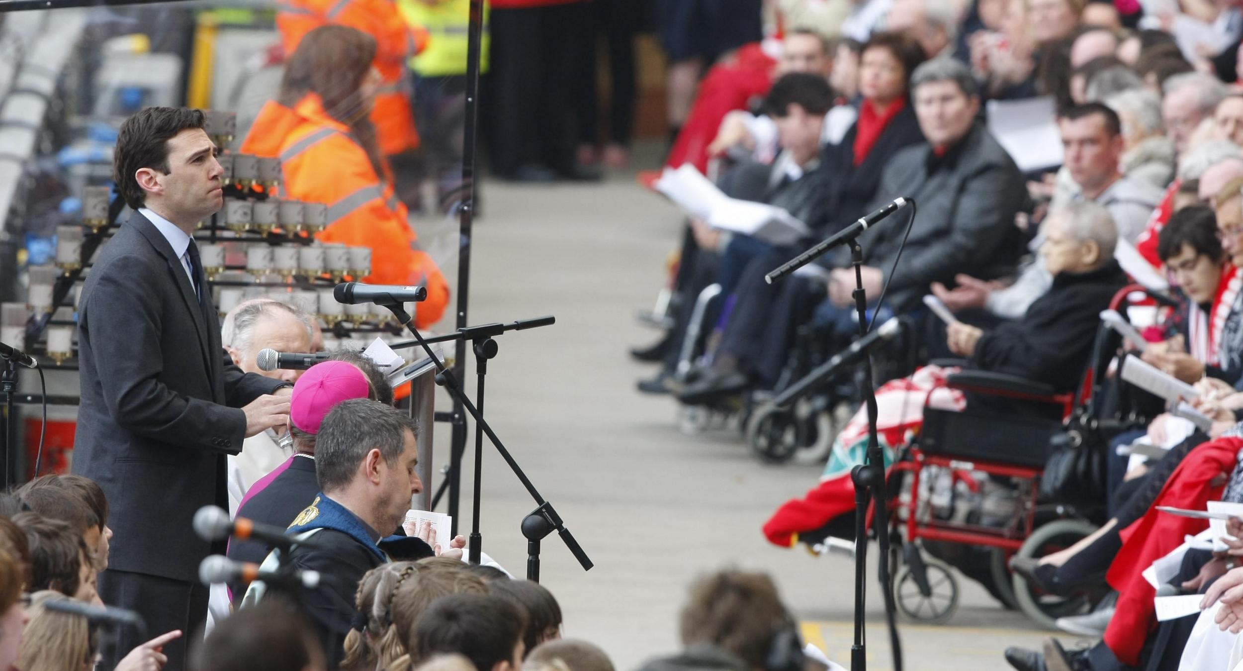 Andy Burnham was reduced to mute nodding when his 2009 speech was drowned out by a chant of ‘Justice for the 96’ (PA)