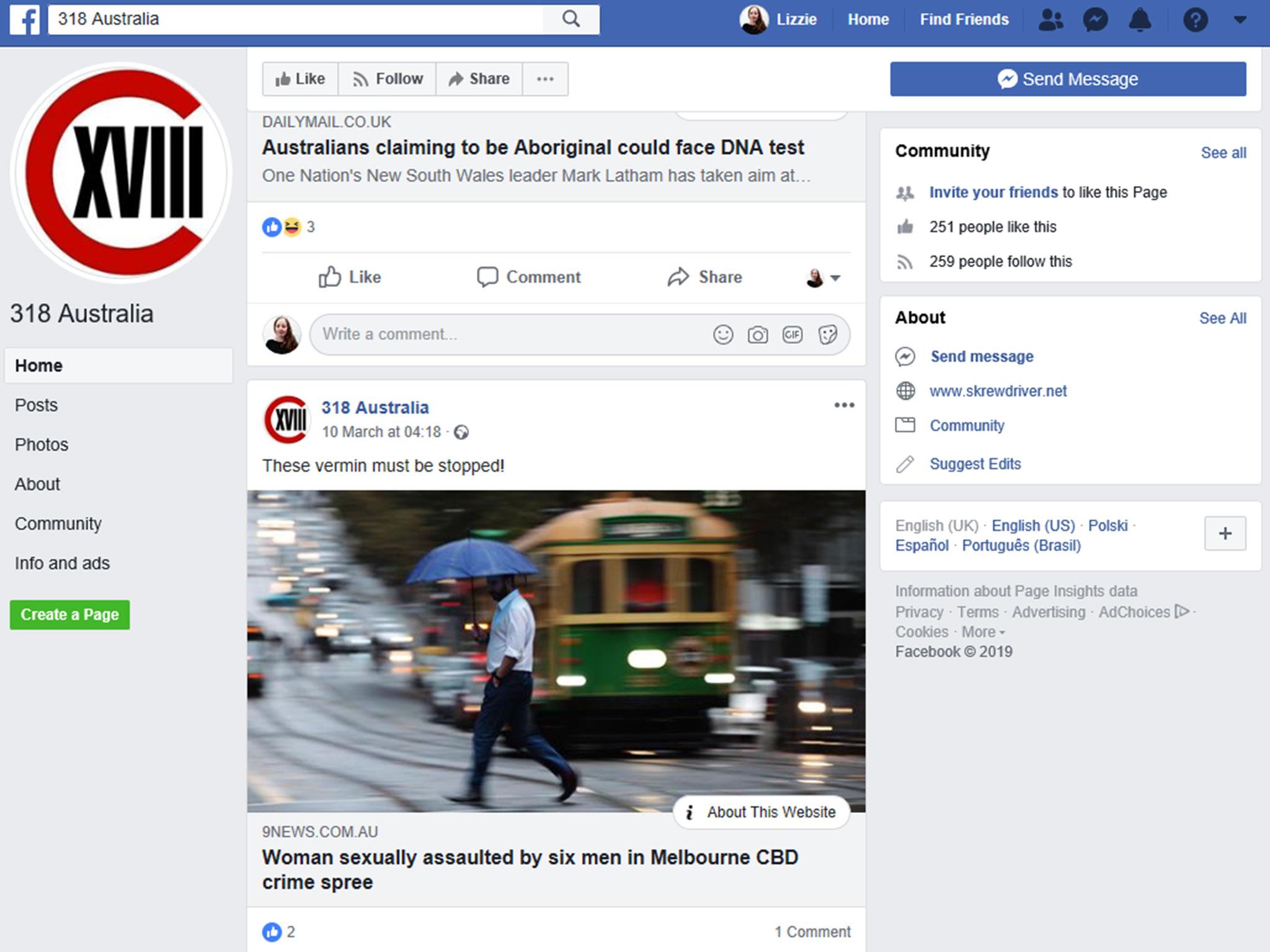 The Facebook page for the Australian branch of neo-Nazi group Combat 18, which was reported to Facebook but not removed