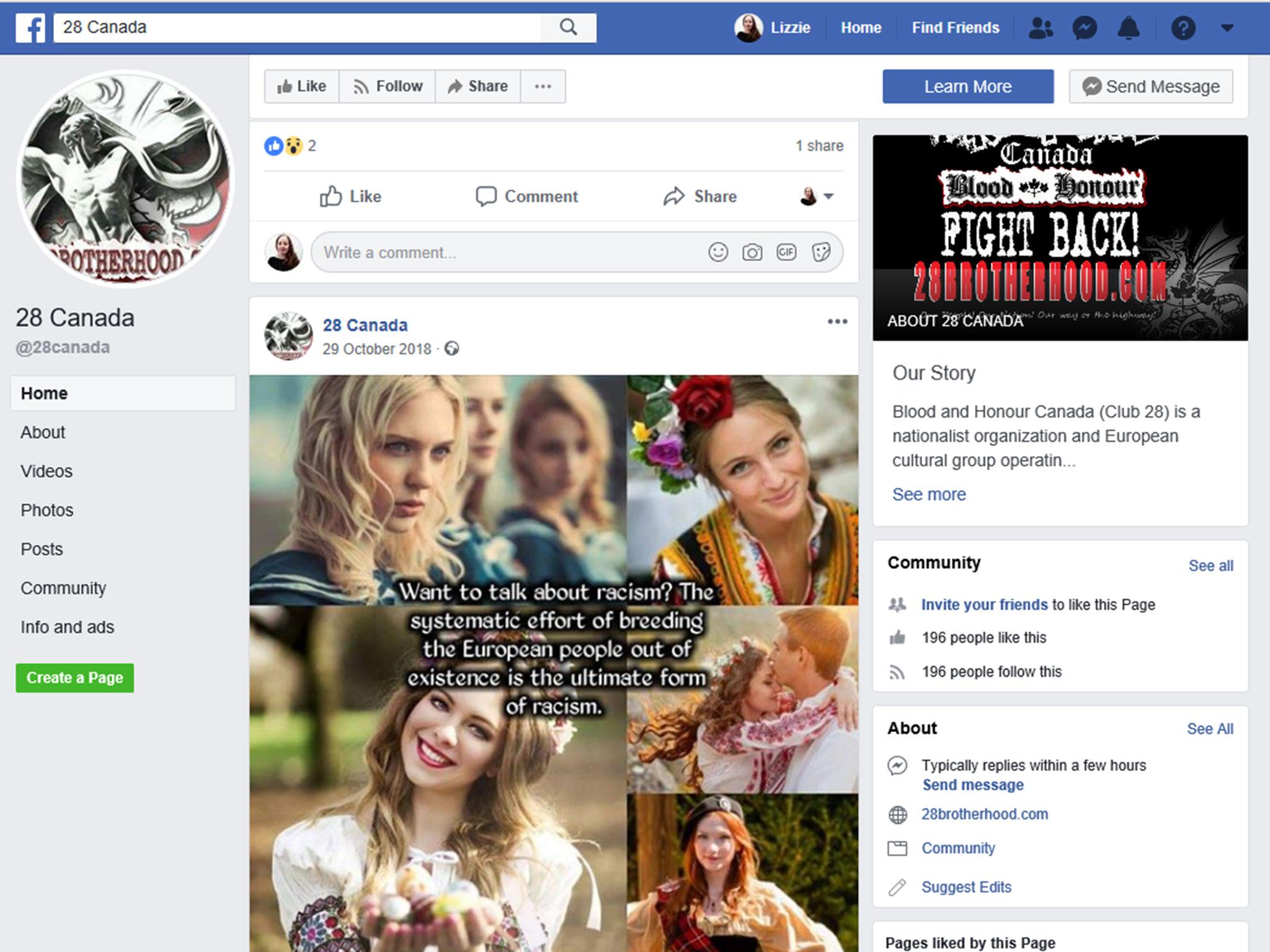 The Facebook page for the neo-Nazi Blood and Honour Canada group, which was reported to Facebook but not removed