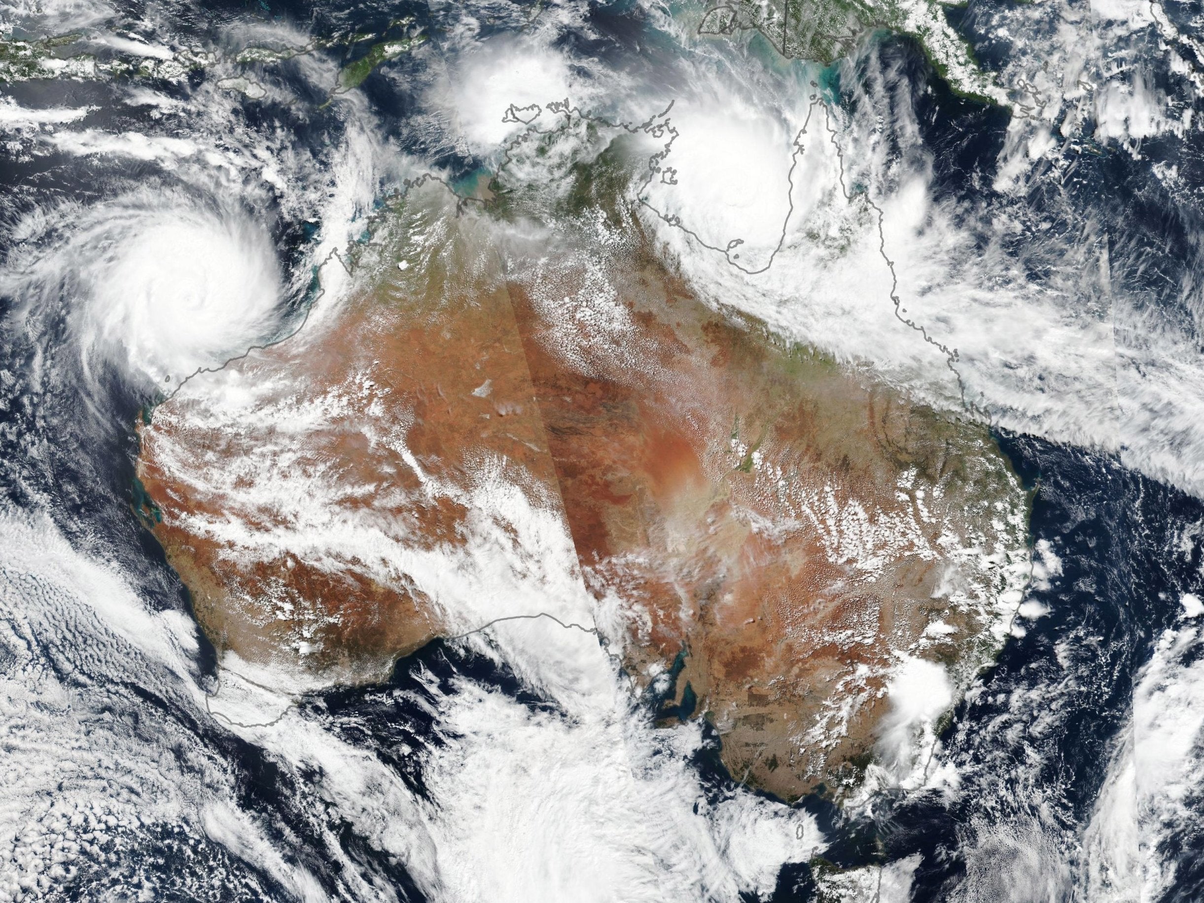 NASA satellite image of Cyclone Veronica (left) over Western Australia and Cyclone Trevor (top right) over Northern Territory on 22 March 2019.