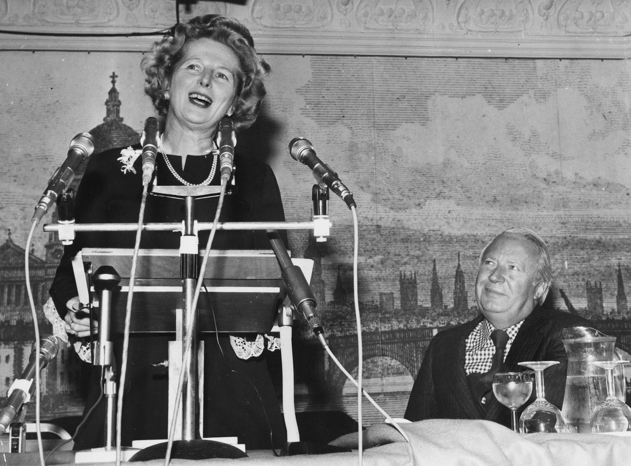 Thatcher and ex-PM Edward Heath at the Conservative Party pro-market campaign launch, 17 April 1975