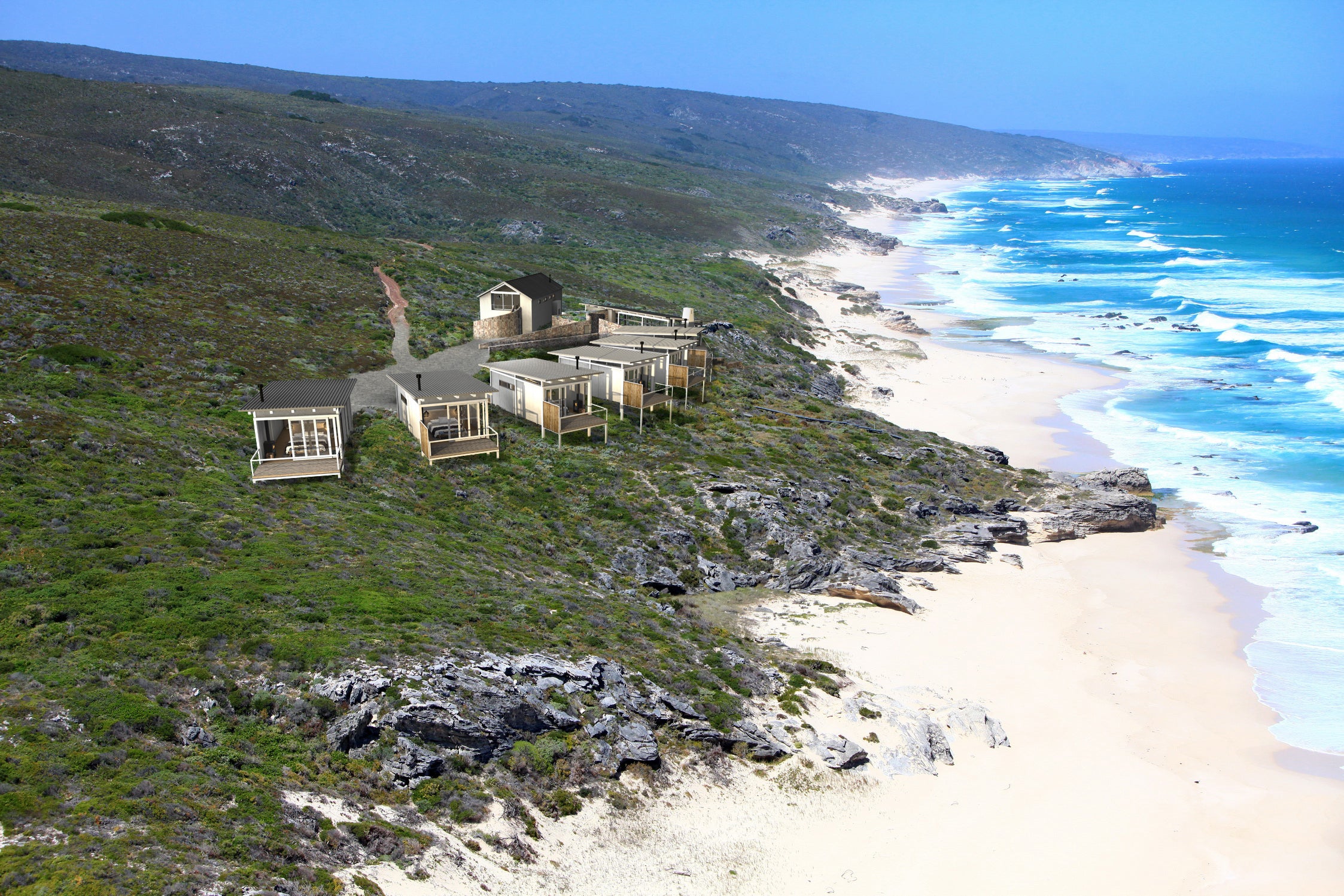 Uninterrupted views of a 6km deserted stretch of beach greet guests at this