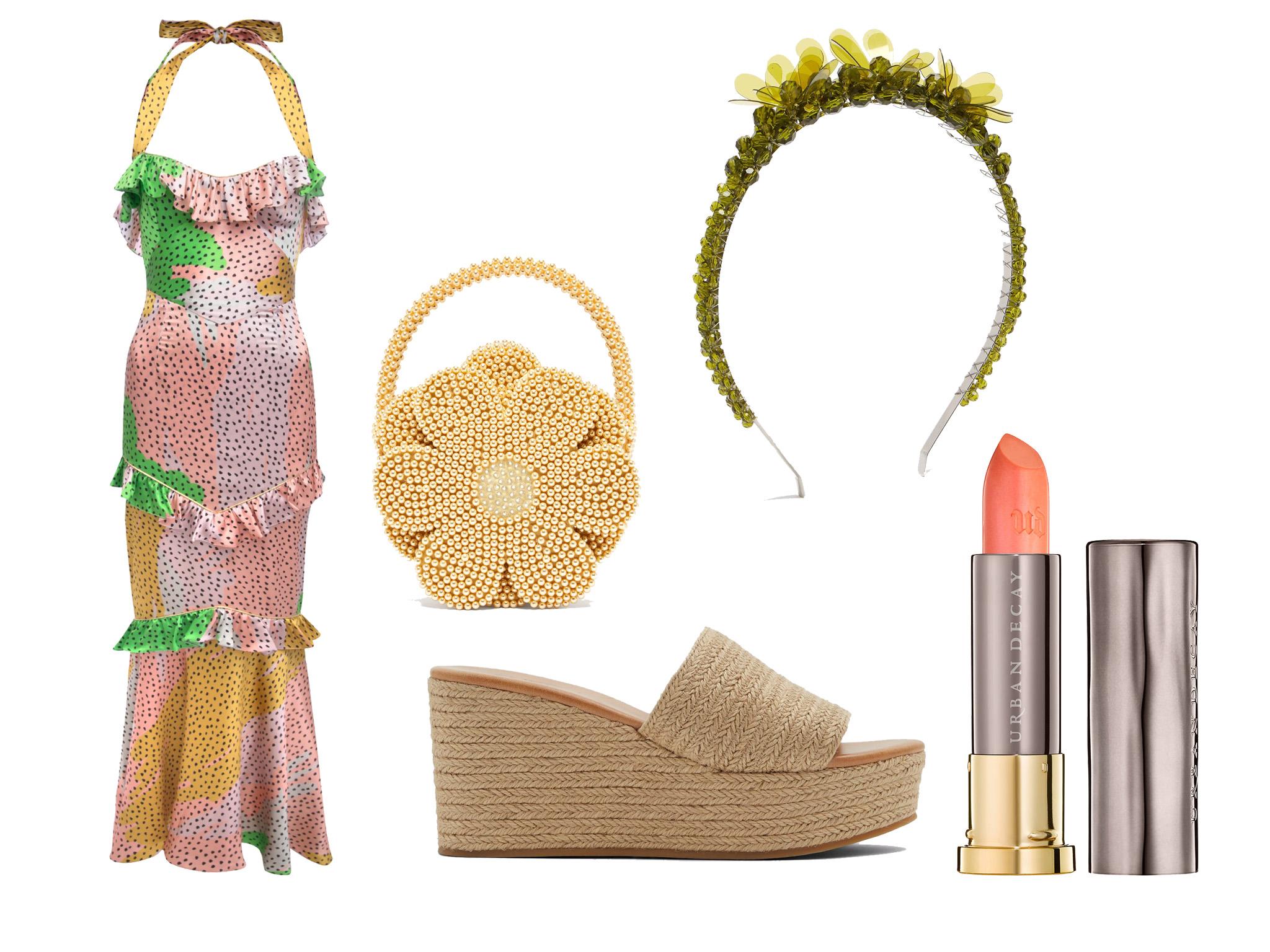 De La Vali Alementra dress: £575, Shrimps Buttercup faux-pearl embellished bag: £440, Aldo Aieviel sandals: £70, Simone Rocha floral crystal bead headband: £295, Urban Decay cream vice lipstick: £12.25