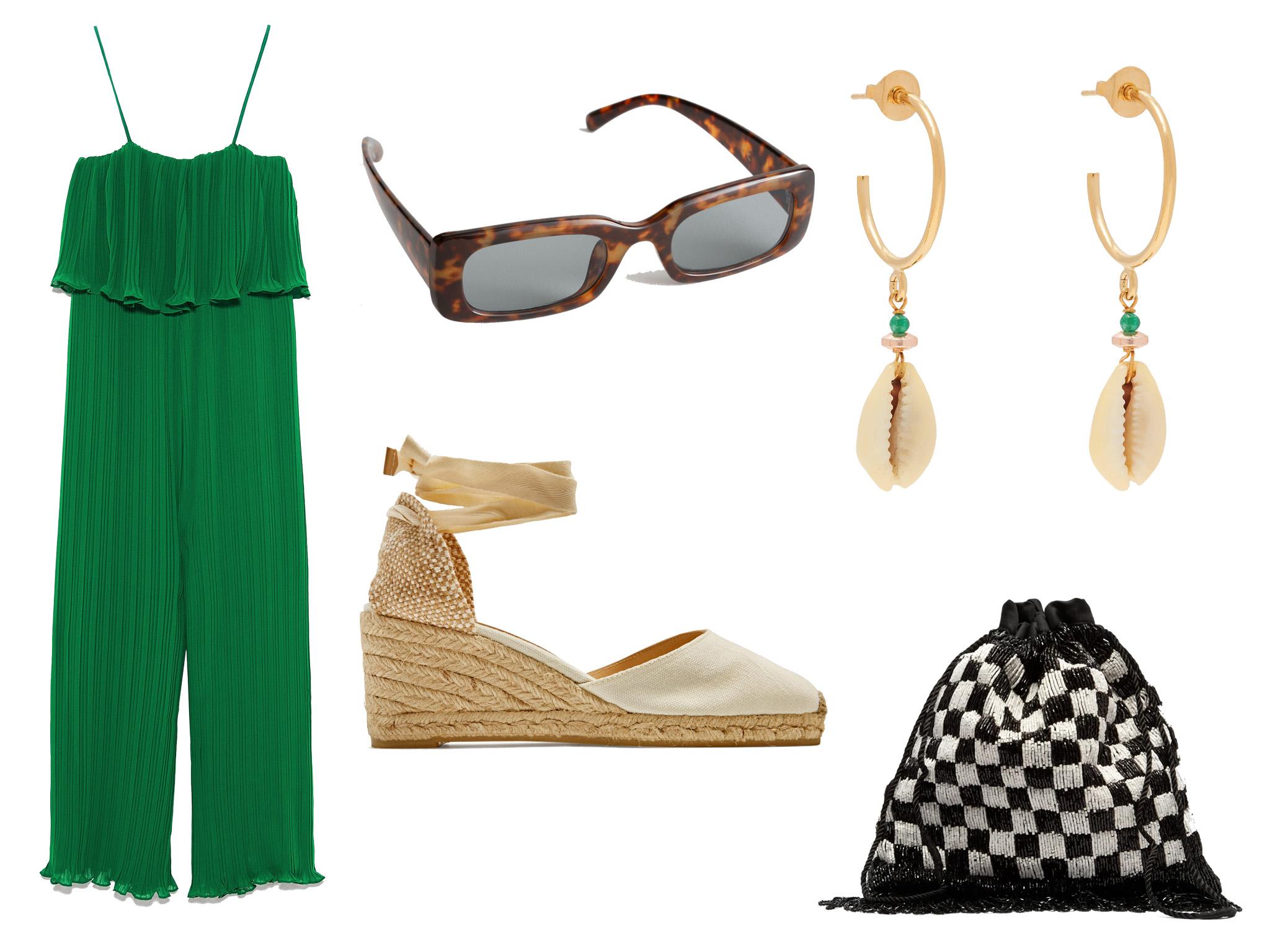 Zara pleated jumpsuit with straps: £49.99, &amp; Other Stories rectangular frame sunglasses, Castañer Carina 60 canvas &amp; jute espadrille wedges: £80, Isabel Marant Malebo shell drop earrings: £75, Staud Gabbi check beaded drawstring pouch: £160