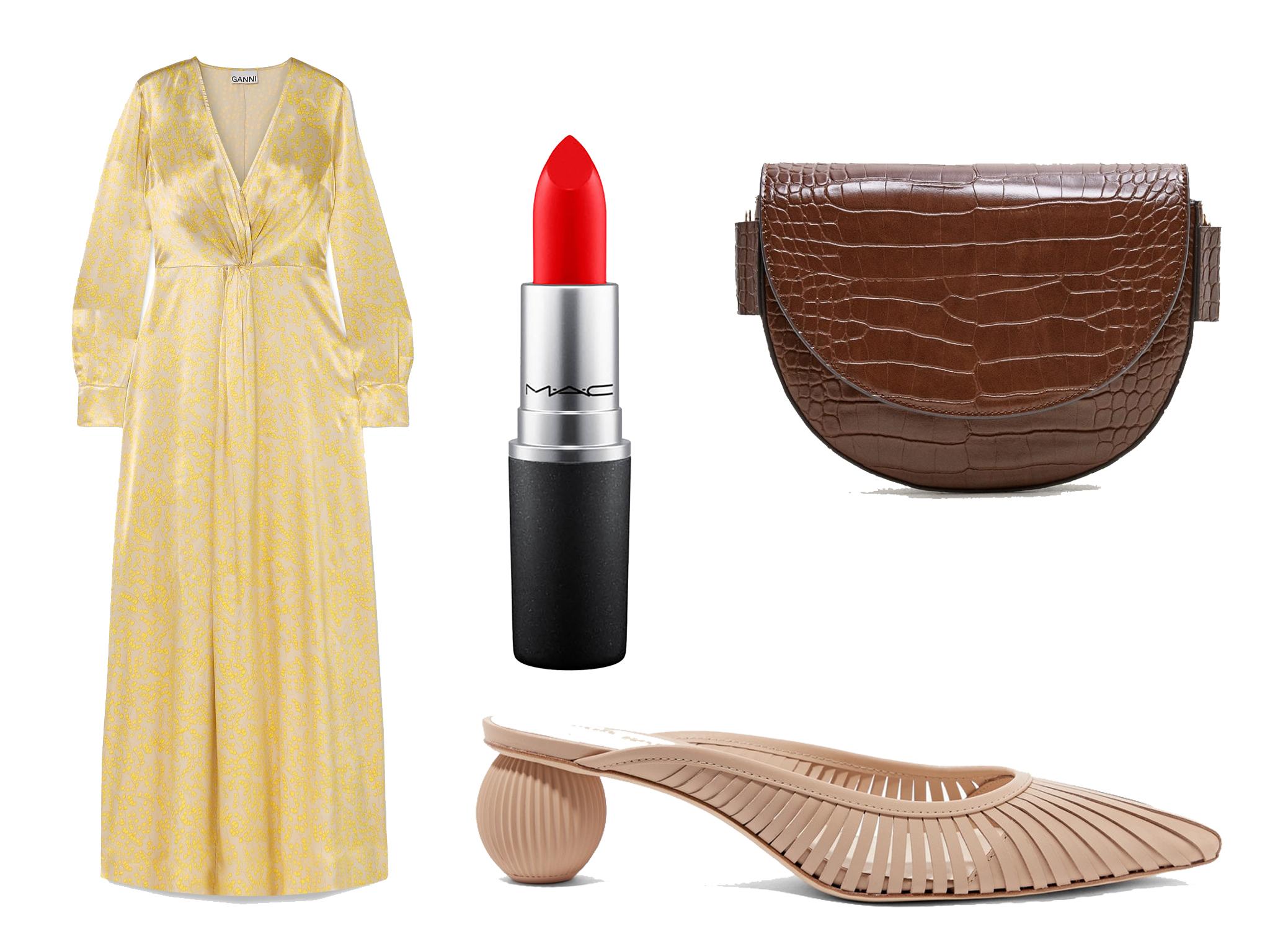 Ganni Cameron knotted floral-print satin maxi dress: £370, MAC matte lipstick in red rock: £17.50, Mango croc-effect bag: £29.99, Cult Gaia Alia leather mules: £265