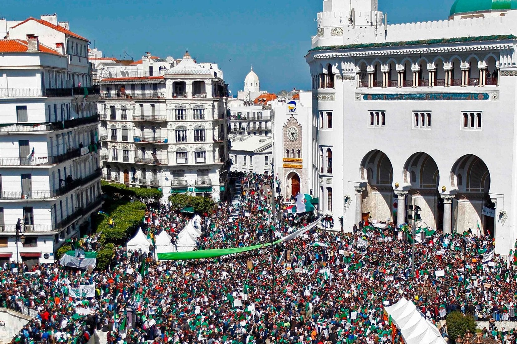 Protesters at a mass demonstration against ailing President Abdelaziz Bouteflika in Algiers