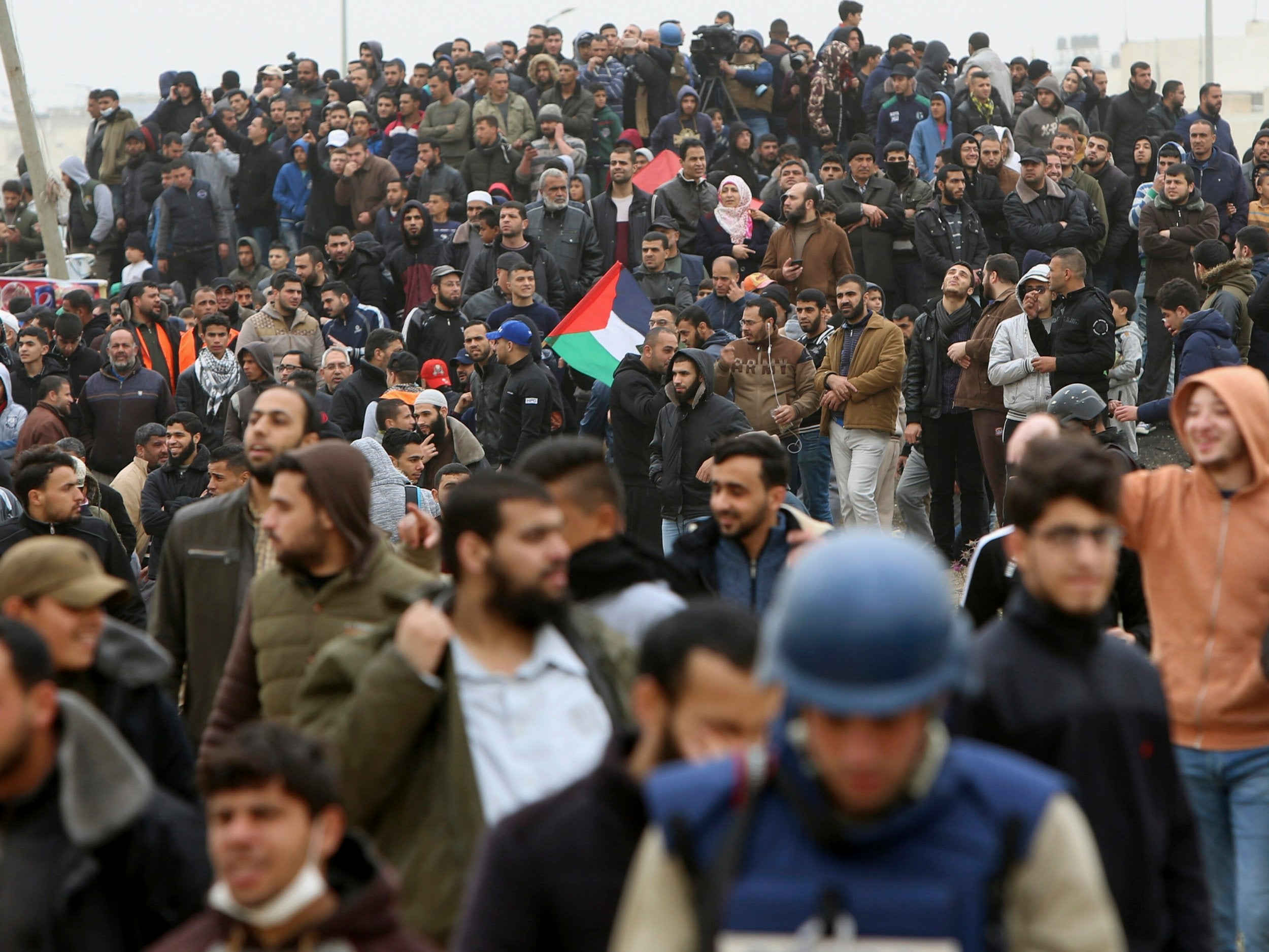 Protestors gather near the Gaza Strip’s border with Israel