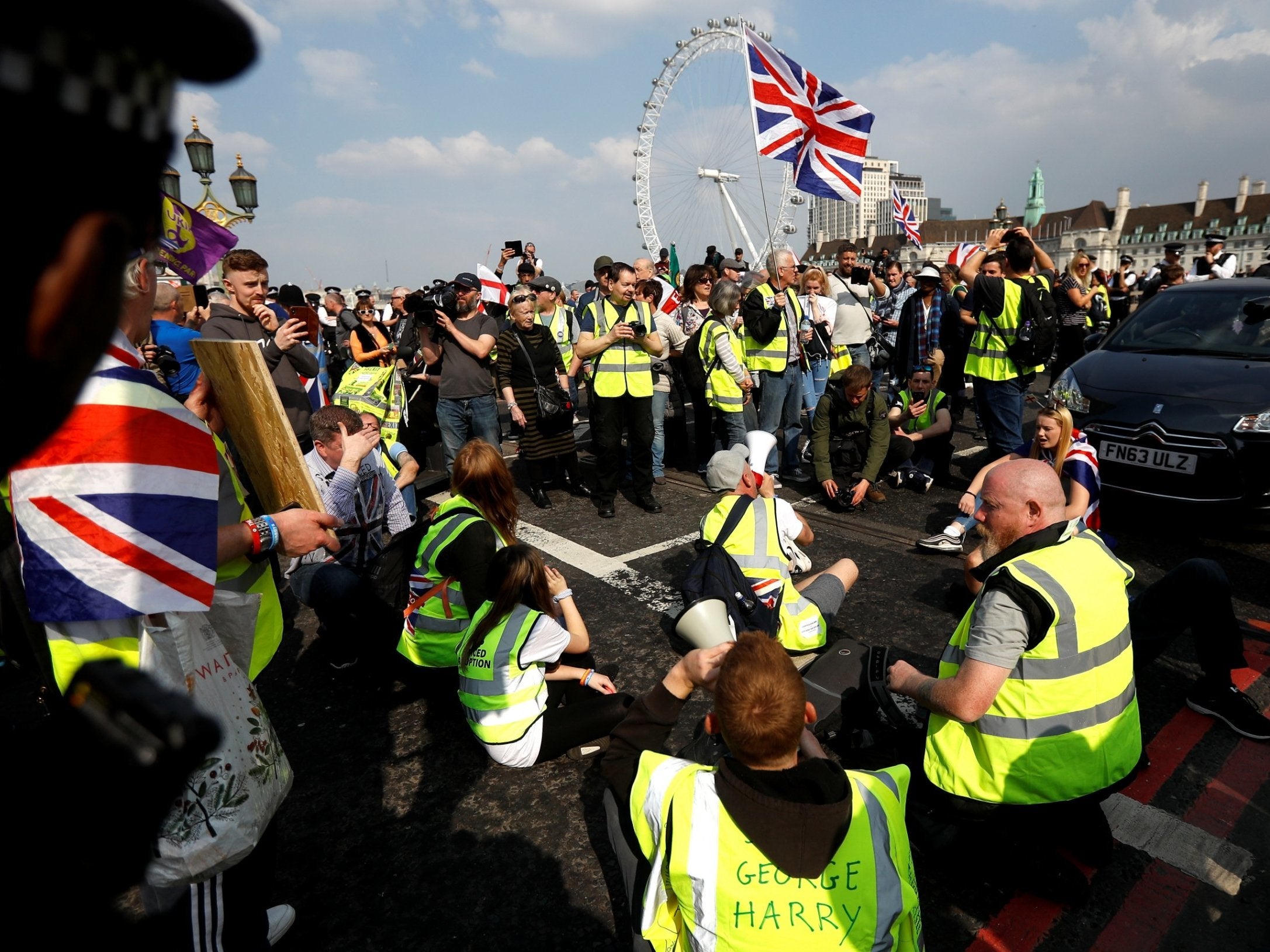 Yellow vest protesters at a demonstration in London on 30 April