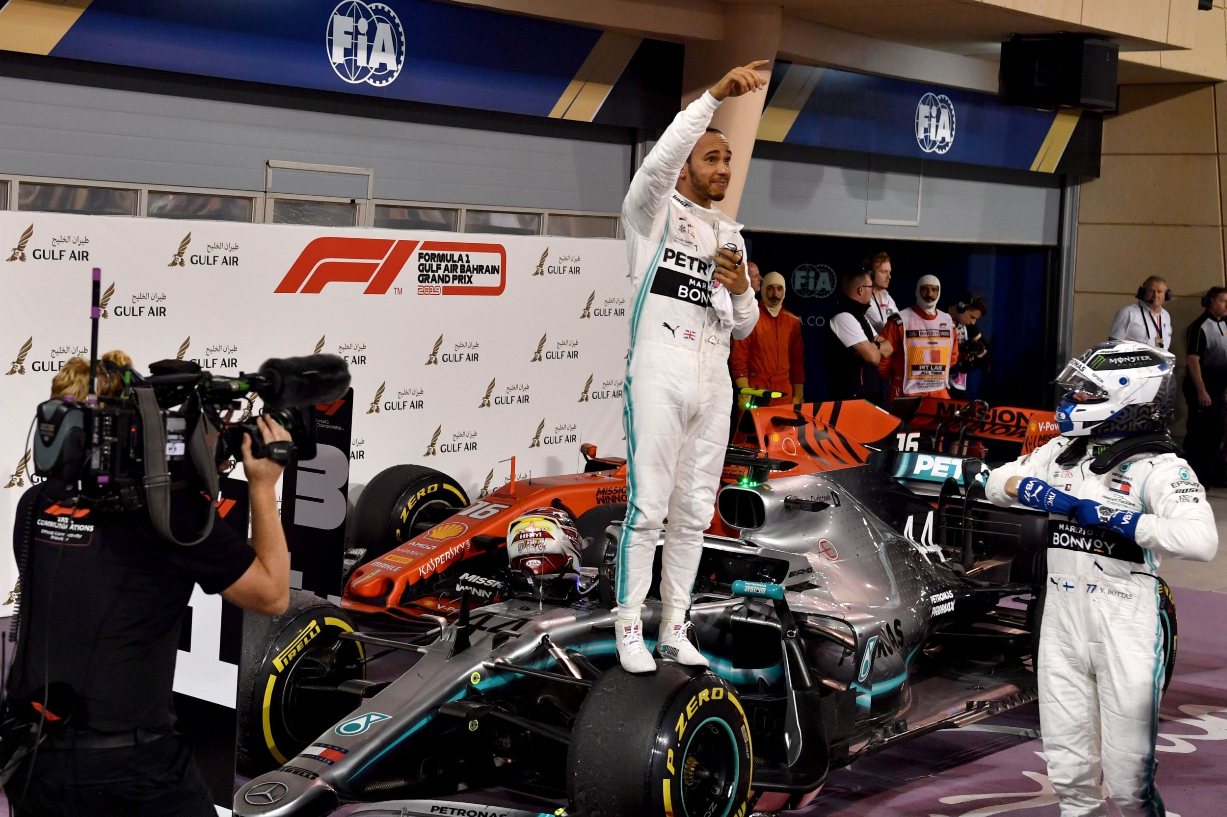 Hamilton celebrates winning the Bahrain Grand Prix (AFP/Getty)