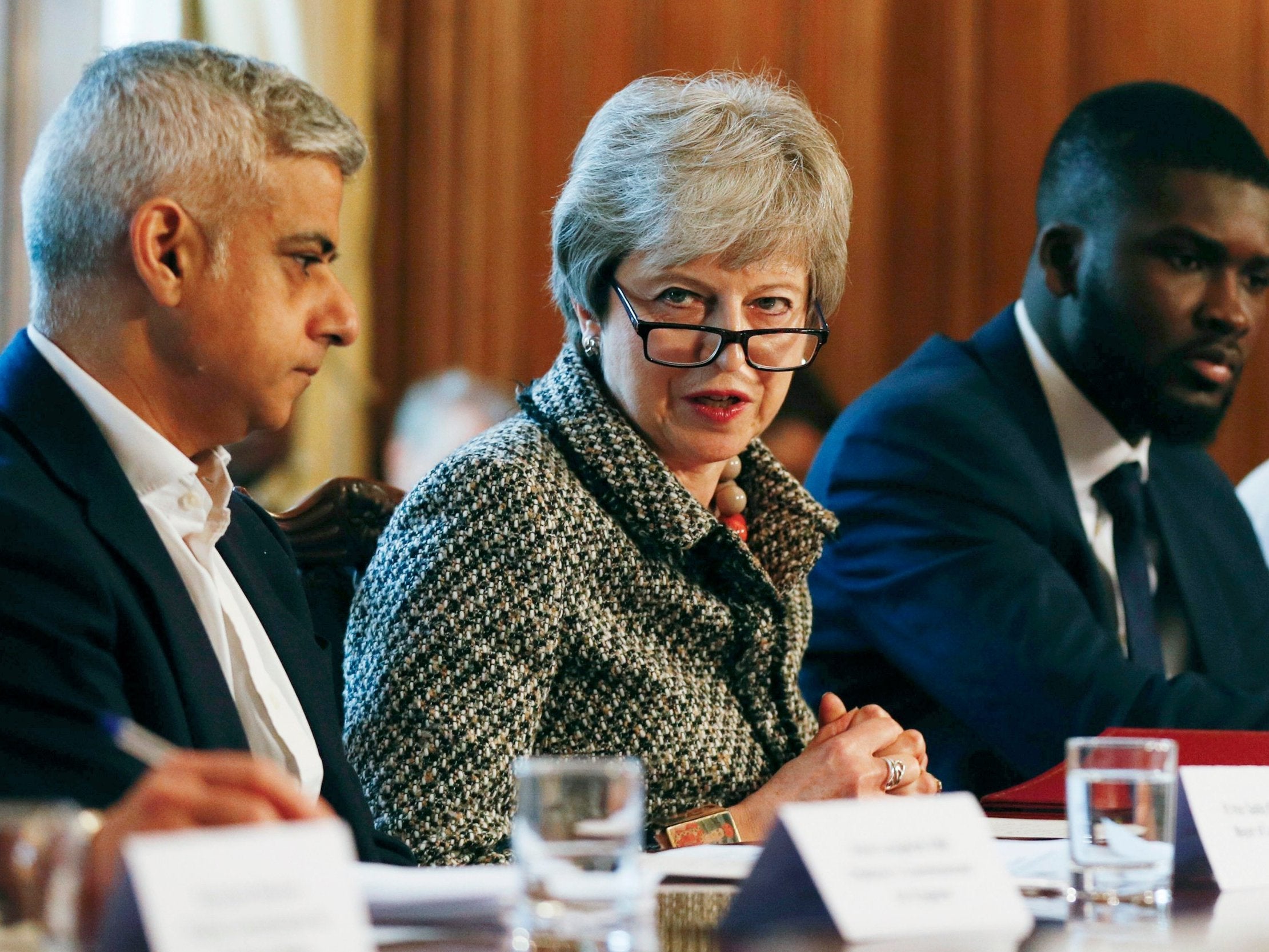 Sadiq Khan, Theresa May and Youth Justice Board co-chair Roy Sefa-Attakora at a knife crime summit